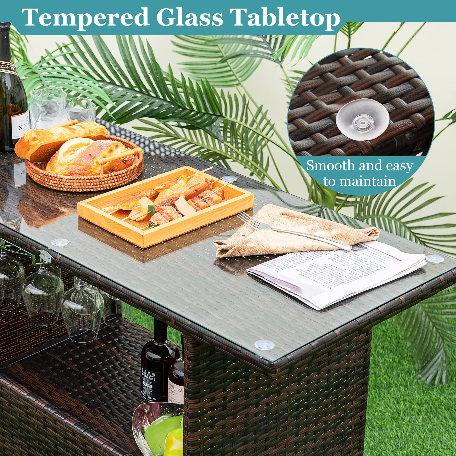 **Tangkula 3-Piece Outdoor Bar Set - Wicker Patio Bar Table & 2 Stools with Stemware Racks, Hidden Storage & Tempered Glass Top - Perfect for Backyard, Poolside, Garden (Mix Brown)**
