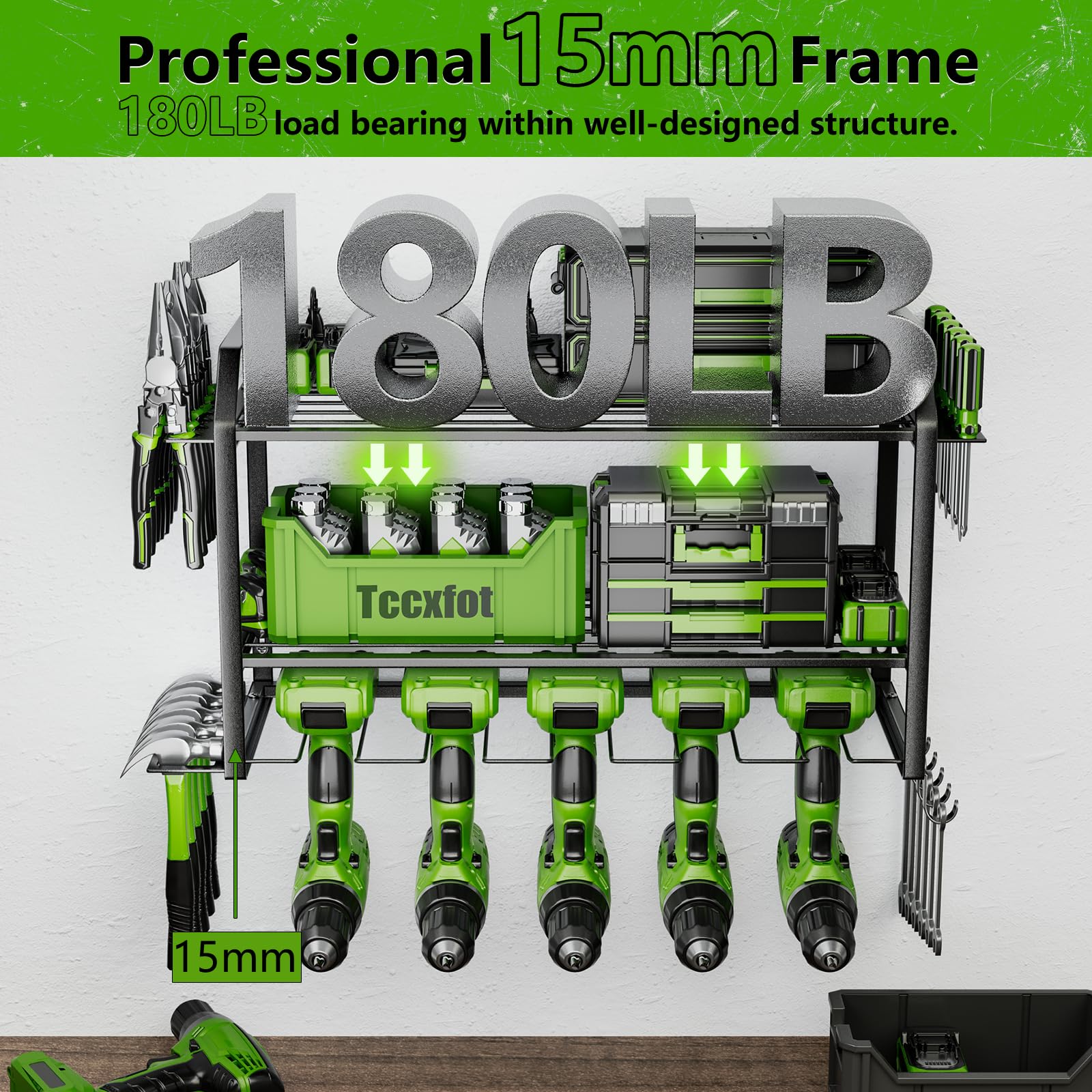 Heavy Duty 5-Slot 3-Layer Wall Mount Drill Organizer - Modular Garage Tool Storage Rack with Easy Installation | Perfect for Workshop, Garage & DIY Tool Organization