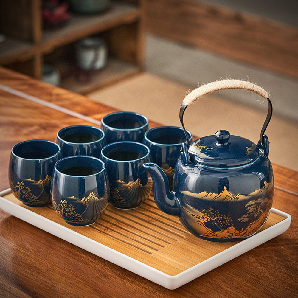 Premium Japanese Blue Landscape Ceramic Tea Set with Matching Tray - Traditional Matcha Tea Ceremony Gift Set for Home & Zen Decor