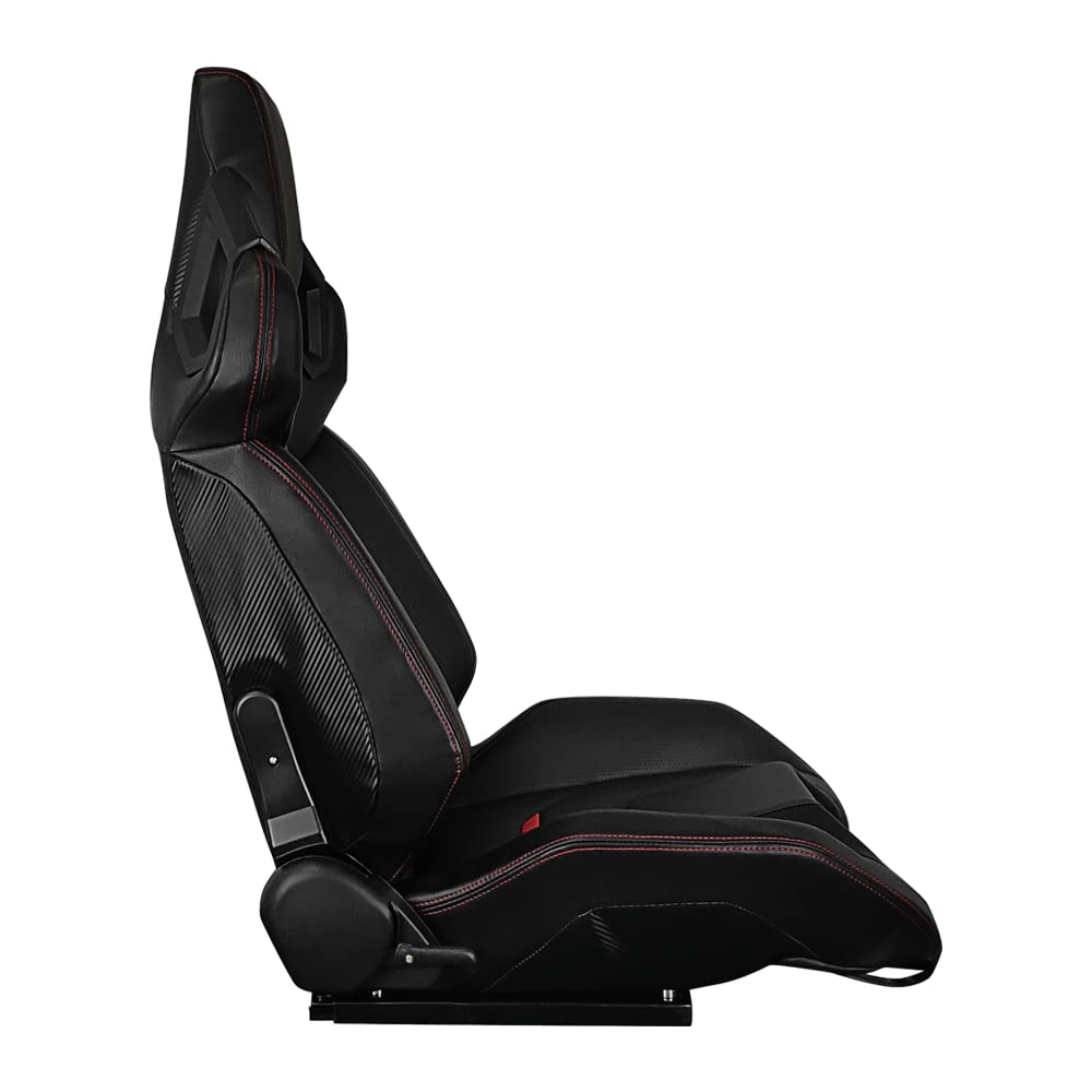 IKON MOTORSPORTS Universal Racing Seat - Right Passenger Side with Dual Slider, Black PU Leather with Red Stitch & Stripe, Reclinable - Perfect for Sports Cars, Drifting & Racing Enthusiasts