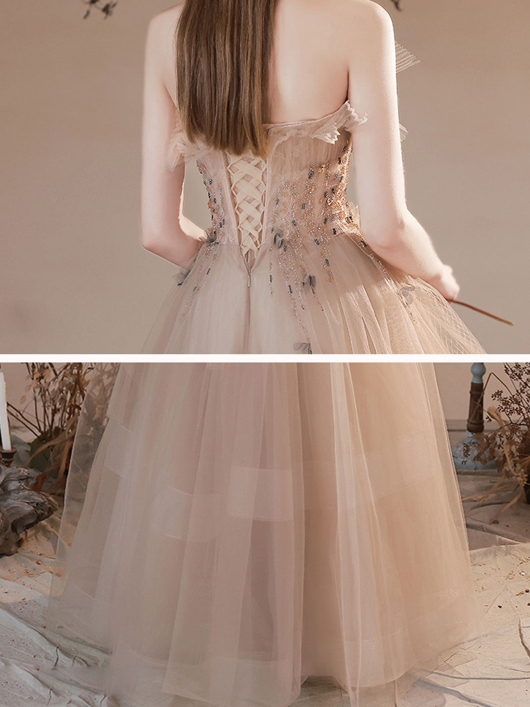 Elegant A-Line Champagne Long Prom Dresses with Beading & Sequin Details - Formal Graduation Gown for Homecoming, Ball, and Special Occasions