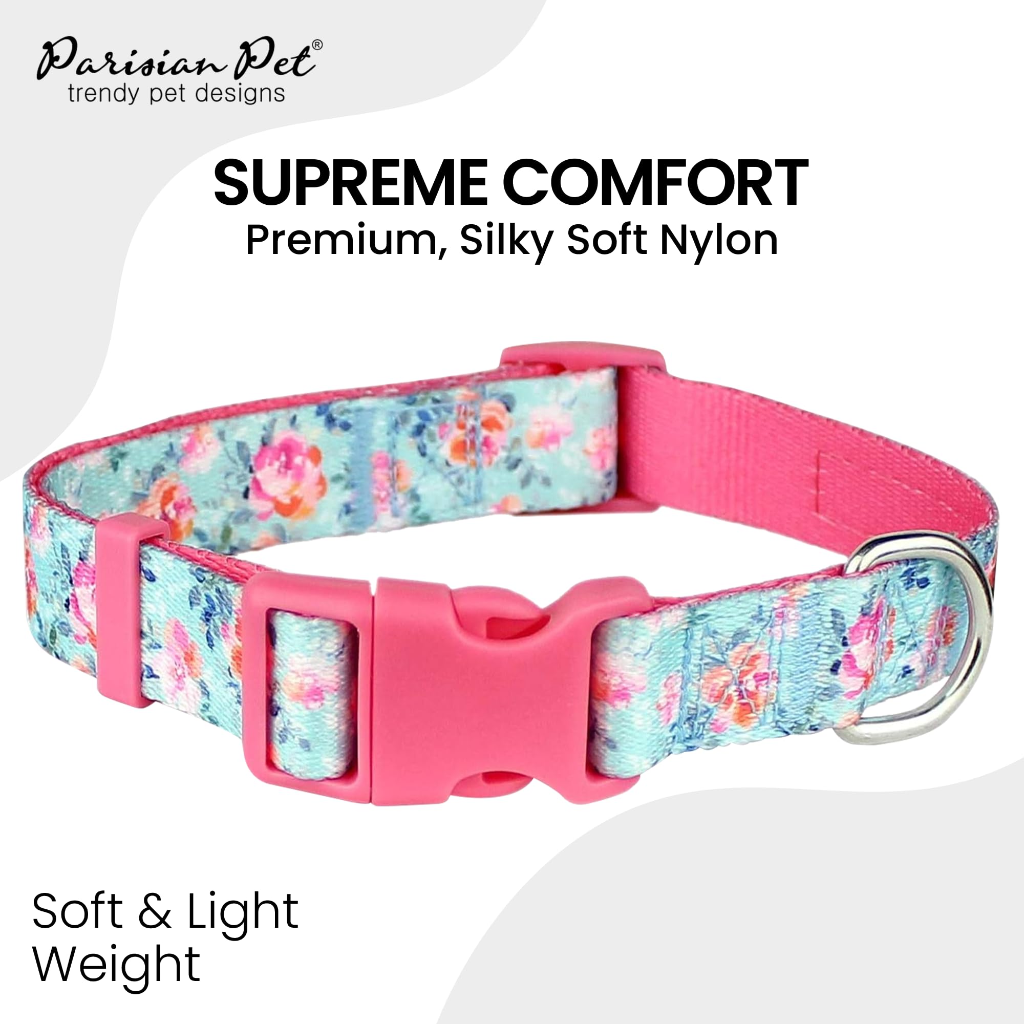 Parisian Pet Dog Collar - Adjustable Spring Blossoms Pattern Safety Buckle Collar for Small & Large Breed Dogs | Cute Puppy Collar with Breathable Nylon | Perfect for Daily Walks, Training & Outdoor Adventures