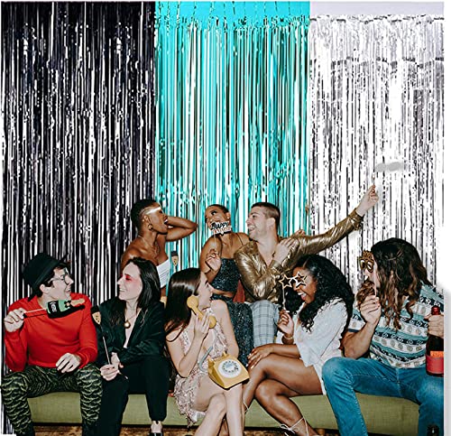 2025 Graduation Party Decorations - Turquoise, Black & Silver Foil Fringe Curtains | Photo Backdrop for Graduation Ceremony & Women's Birthday Celebration | Perfect for Graduation Photos, Party Decor & Event Backgrounds