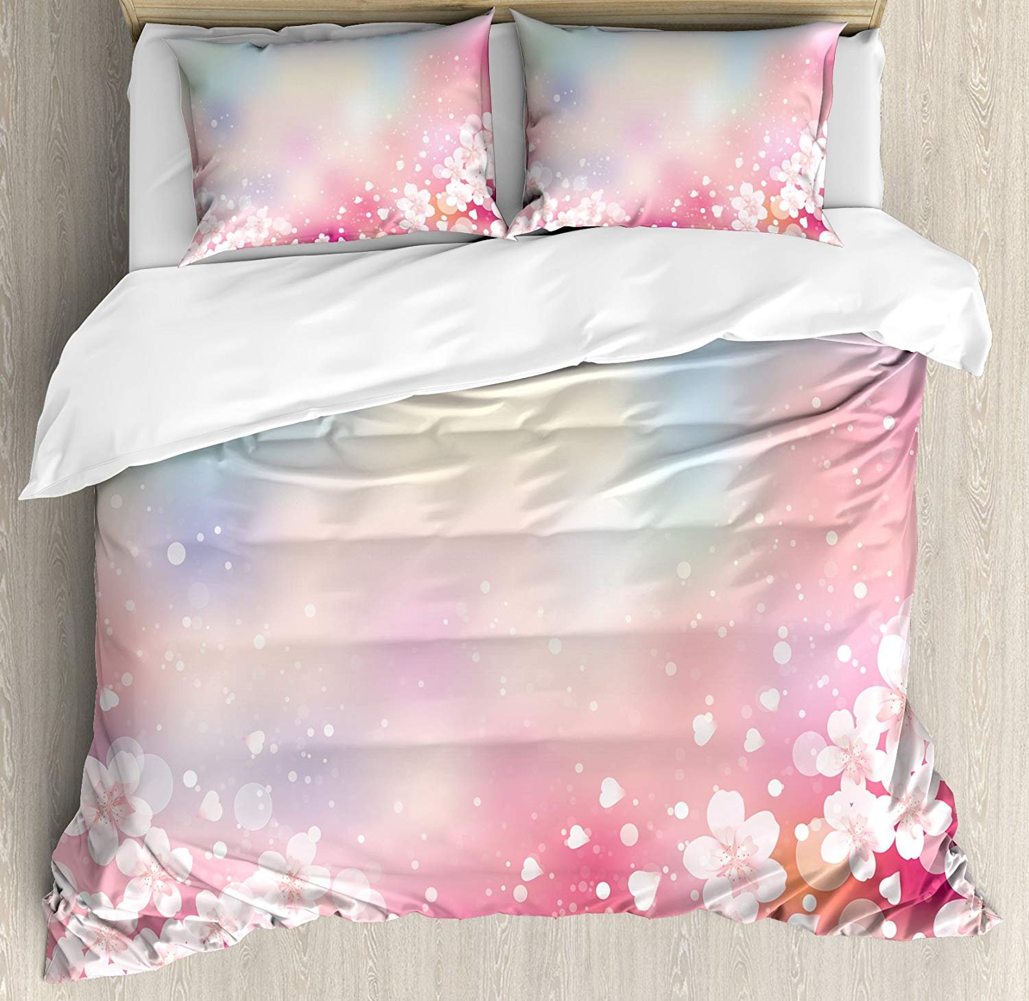 Pastel 4-Piece Bedding Set - Japanese Sakura Cherry Blossom Duvet Cover, Fitted Sheet, Pillowcases for Kids Teens Adults - Queen Size Floral Bedding for Spring Decor, Girls Room, Dorm & Guest Room