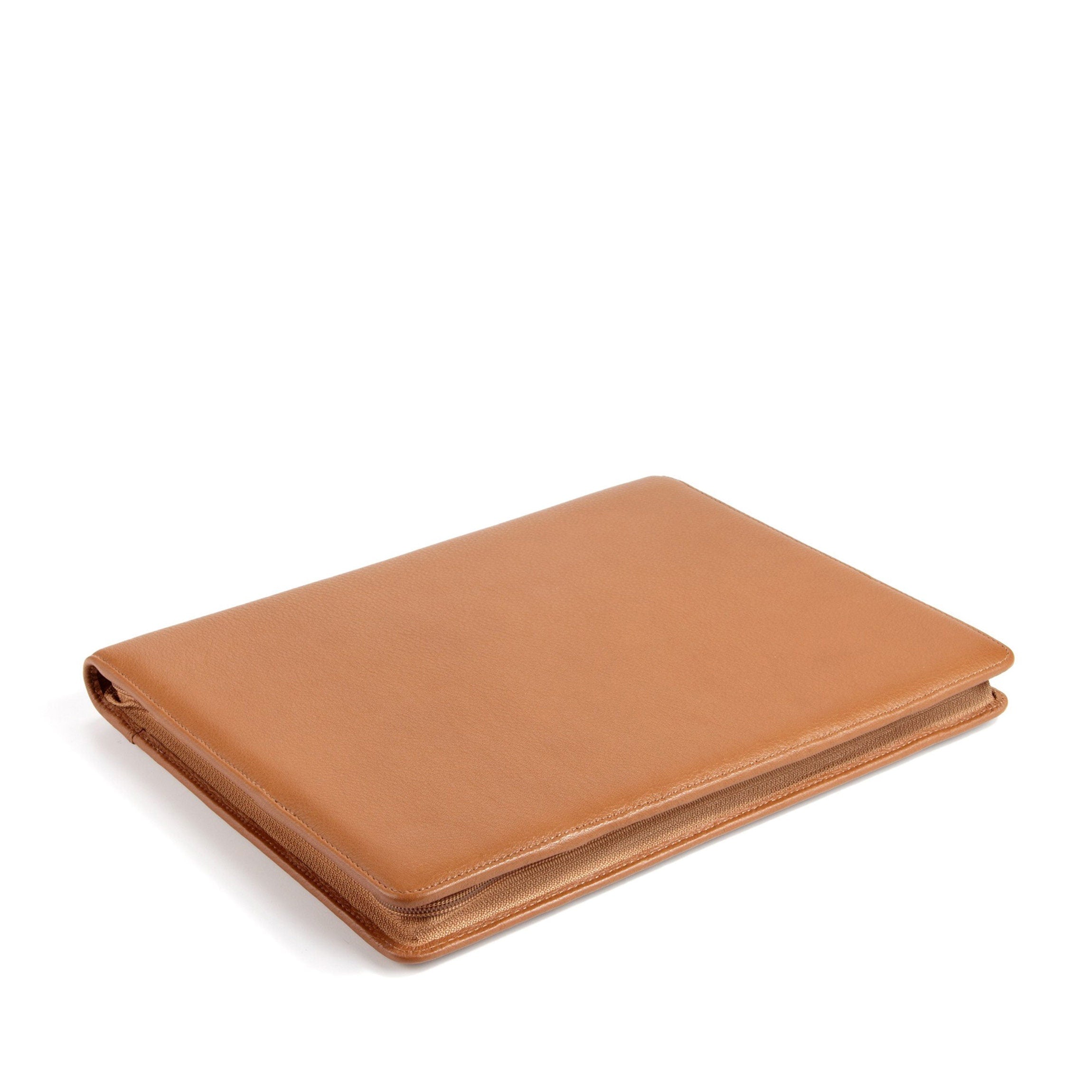 Premium Genuine Leather Zippered Padfolio in Cognac - Professional Organizer for Business Meetings, Interviews & Office Use