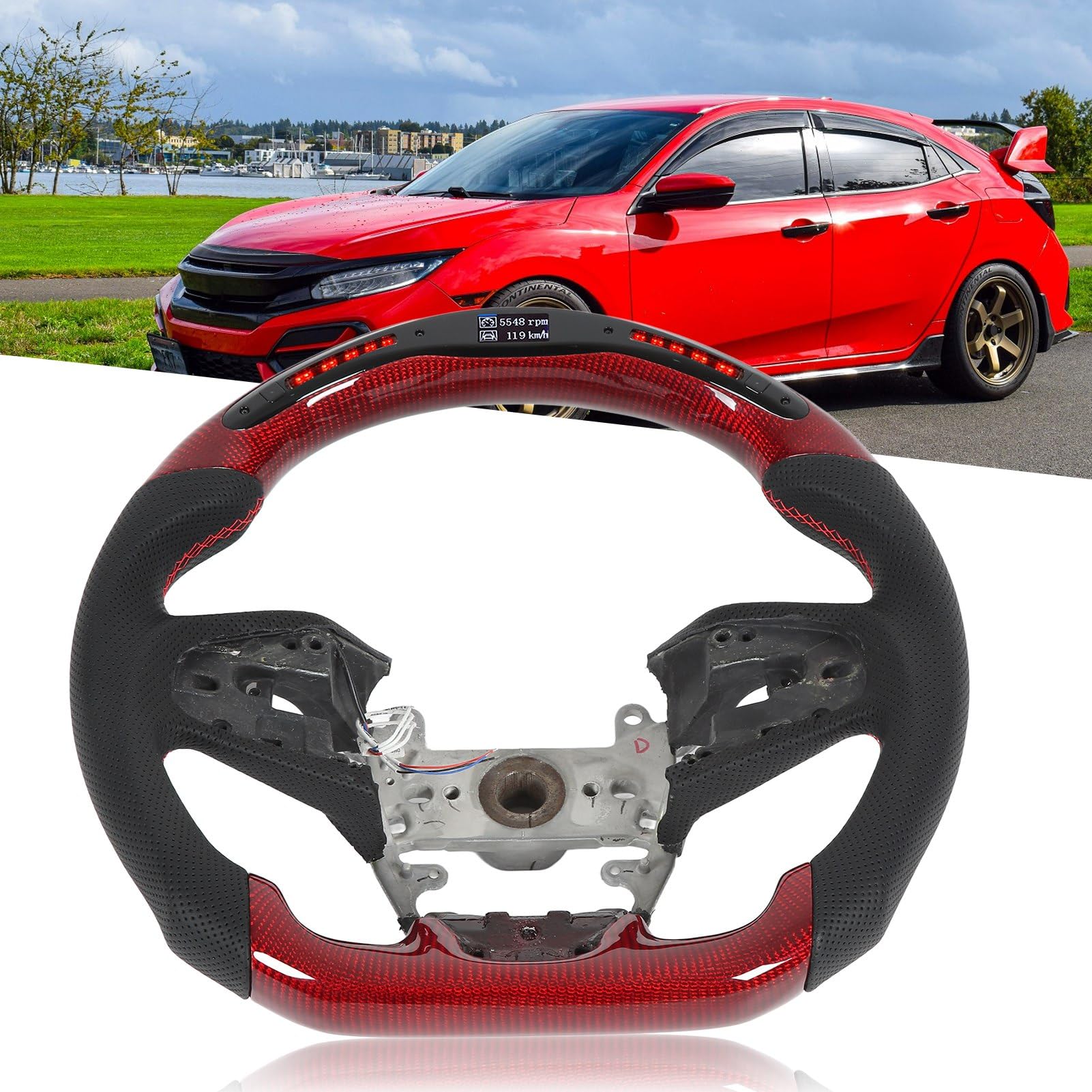 Red Carbon Fiber LED Steering Wheel with Shift Lights - Compatible with Honda Civic Type R FK8 2016-2021 - Racing & Performance Driving Upgrade