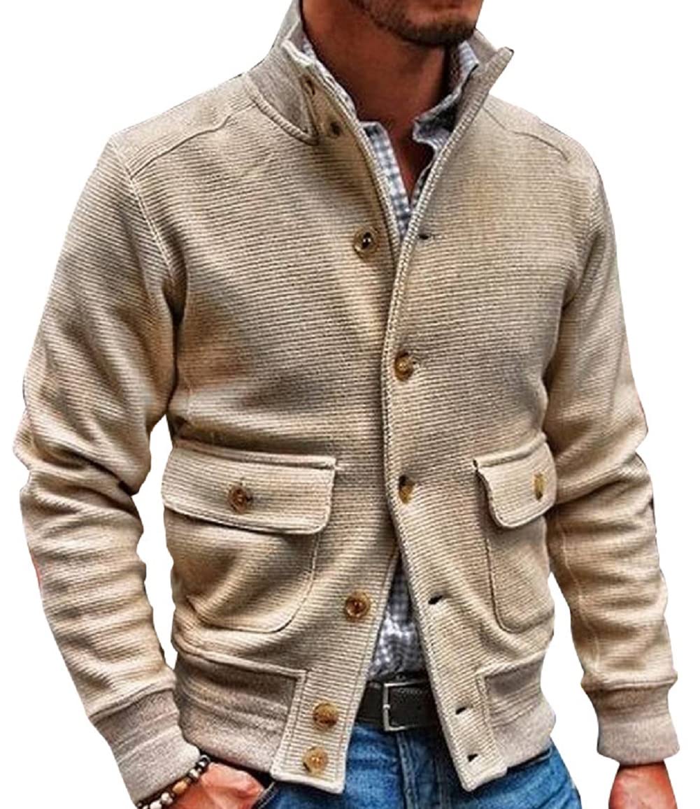 Men's Stand Collar Waffle Knit Slim Fit Button-Up Baseball Jacket Coat - Casual Streetwear for Fall & Winter Outdoor Activities