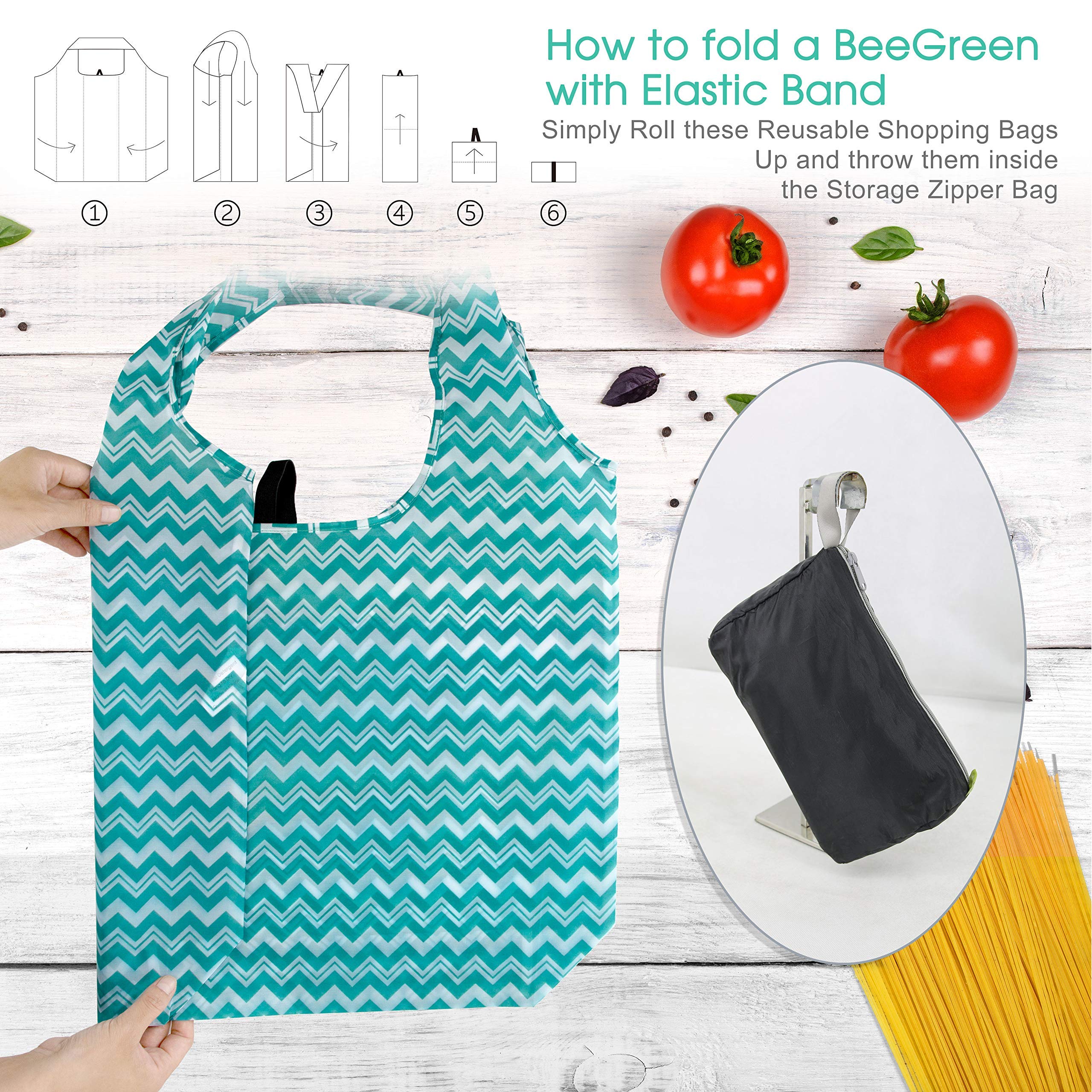 BeeGreen Reusable Grocery Bags - 12 Pack Large Washable Foldable Tote with Zipper Storage Pouch & Clear Stadium Bag, Front Pocket & Adjustable Shoulder Straps | Eco-Friendly Shopping, Travel & Sports Events