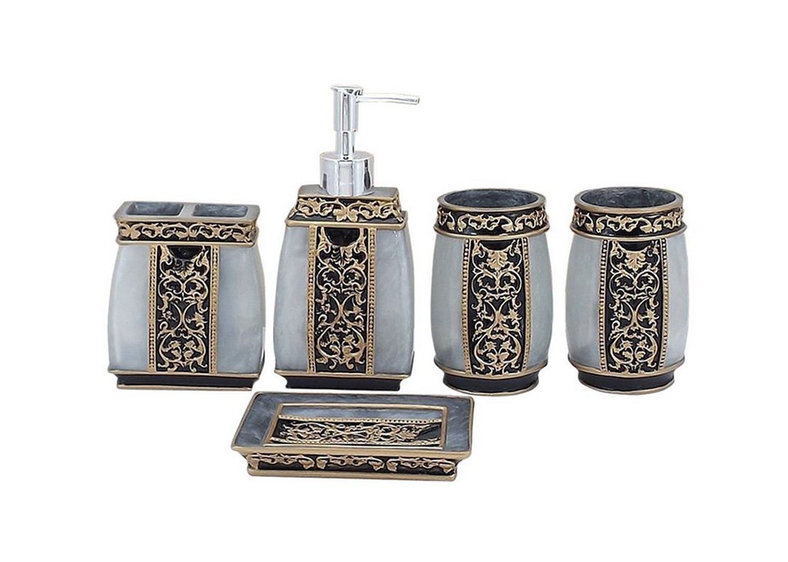 AMSS 5-Piece Resin Bathroom Accessories Set - Toothbrush Holder, Soap Dispenser, Soap Dish & 2 Tumblers with Gift Box | Modern Vanity Organizer for Bathroom Countertop Decor