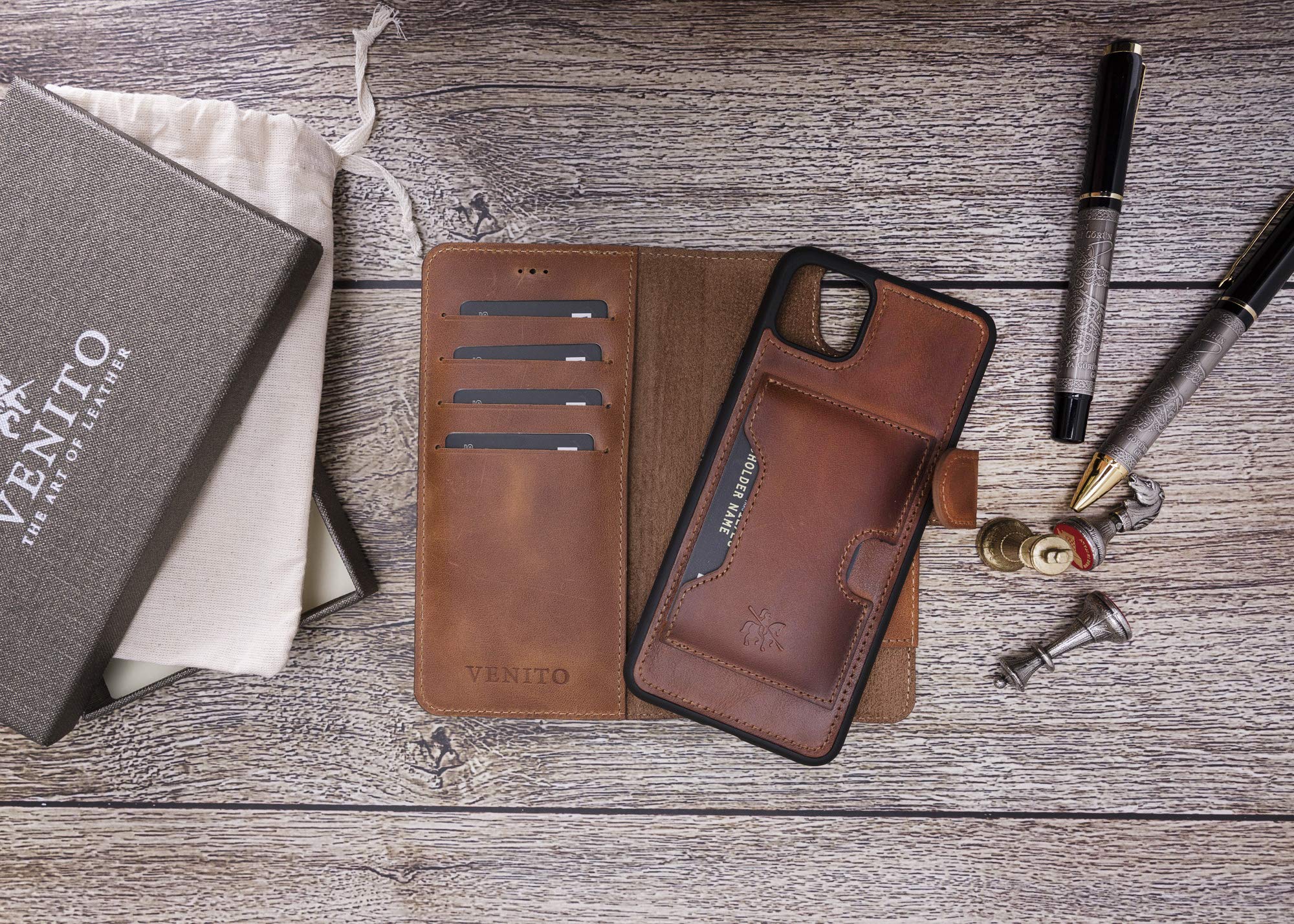 Venito Florence Genuine Leather Wallet Phone Case for Google Pixel 4 XL (6.3 inch) - RFID Blocking for Security - Detachable Card Holder - Antique Brown - Perfect for Travel, Business & Everyday Use