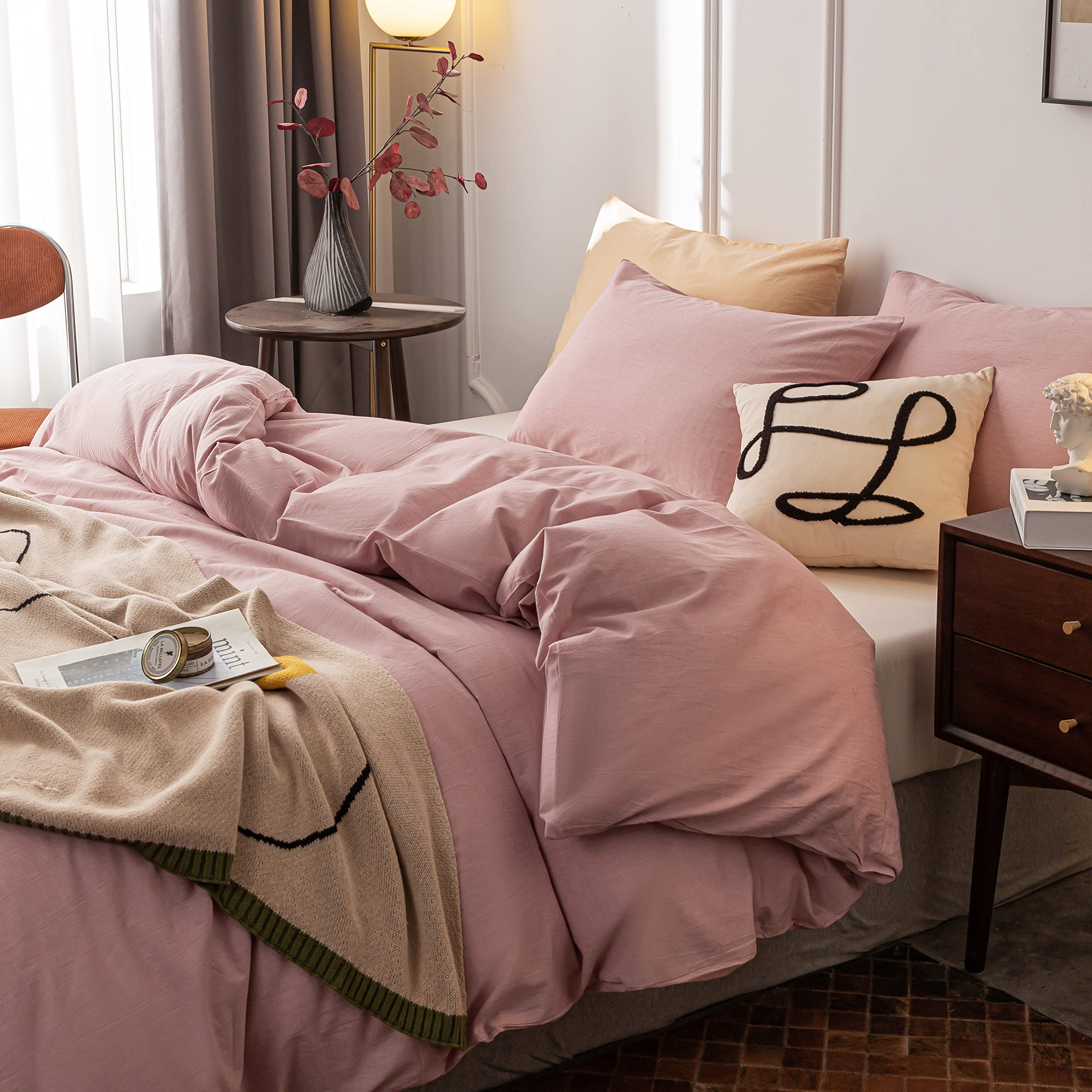 100% Washed Cotton Queen Duvet Cover Set - Ultra Soft Solid Dusty Pink with Zipper Closure (3-Piece) | Perfect for Master Bedroom, Guest Room & Cozy Home Decor