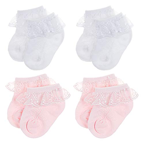 BQUBO Baby Girls Socks - Lace Ruffle Cuff Ankle Socks for Newborn & Toddler - Soft Cotton Dress Socks for Special Occasions, Photo Shoots & Everyday Wear