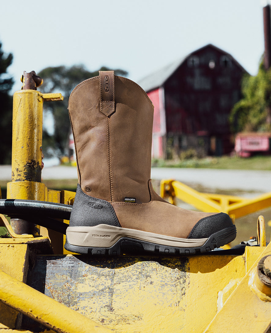 Men's Evanston Pull-On Waterproof Work Boots with Carbon Toe - Bison/Black - Ideal for Construction, Outdoor Work & Winter Wear