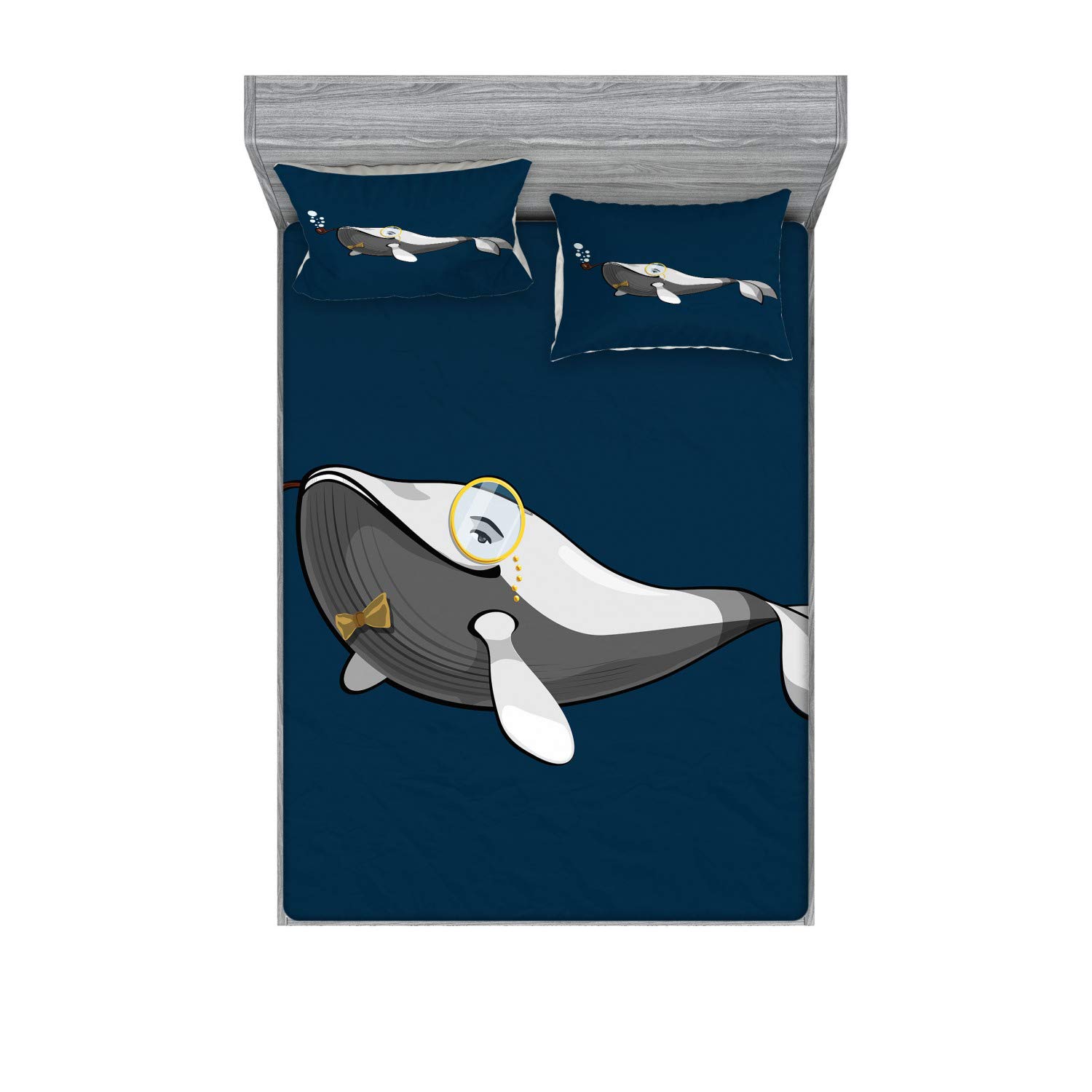 Lunarable Whale Fitted Sheet & Pillow Sham Set - Cartoon White Whale with Bow Tie & Glasses Design, 3-Piece Printed Bedding Set in White Grey Blue - Perfect for Kids' Rooms, Ocean-Themed Decor & Whimsical Bedroom Styling