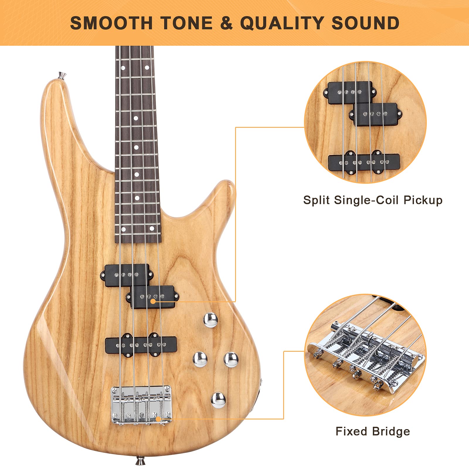GLARRY GIB Series 4-String Electric Bass Guitar Full Size Beginner Kit with 20W Amp, Strap, Gig Bag & Accessories - Burlywood Finish | Perfect for Beginners, Practice, Live Performances & Studio Recording