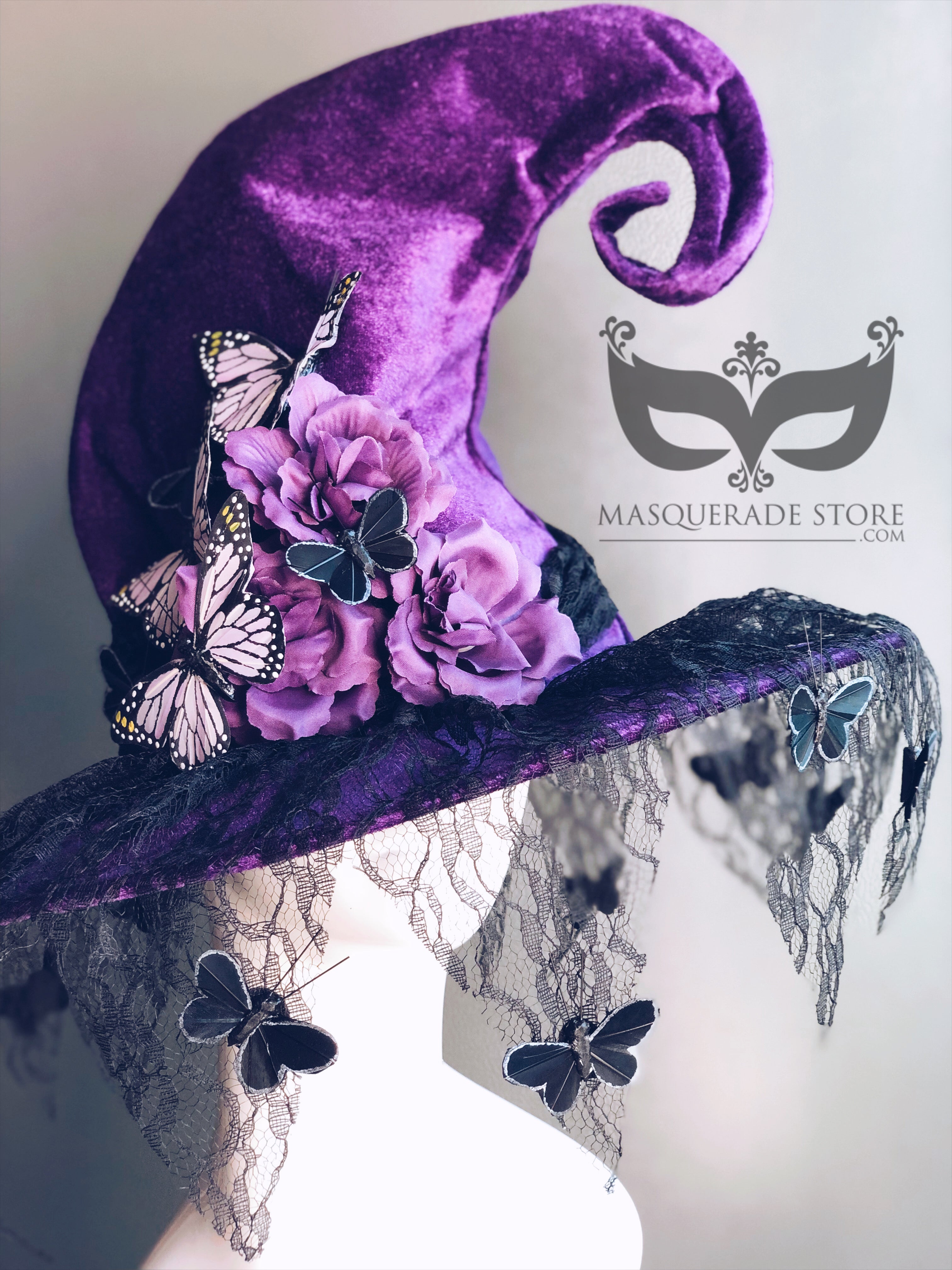 Elegant Purple Witch Hat with Lace & Butterfly Decor - Perfect for Halloween Costumes, Cosplay & Witch-Themed Parties