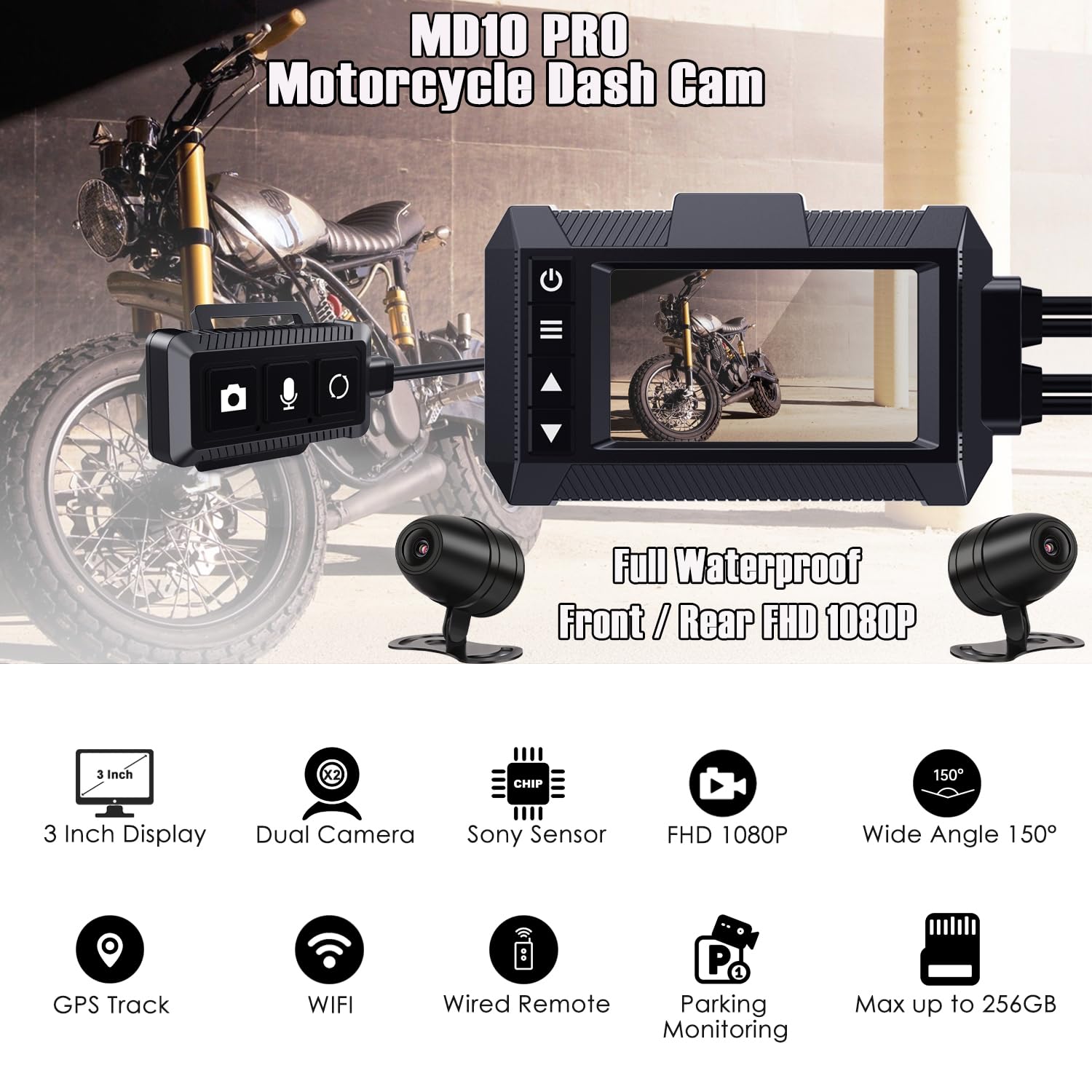 **YDI Motorbike Dash Cam - Upgraded Waterproof Motorcycle Camera with 3