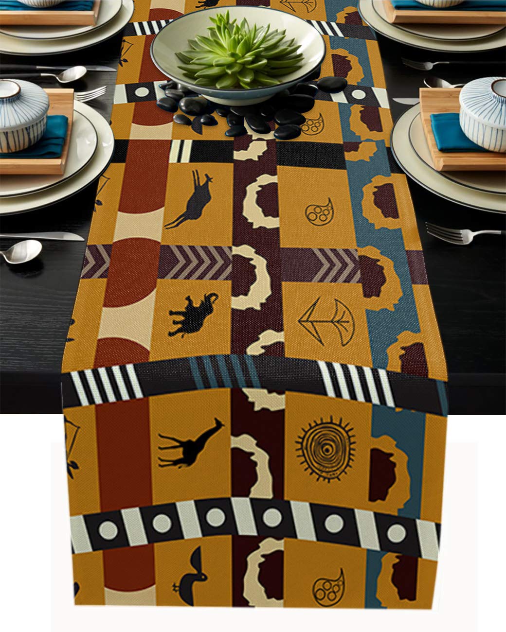 70 Inch Cotton Linen Table Runner - Traditional African Tribal Design with Wild Animals Pattern for Kitchen, Dining Table, Dresser | Perfect for Home Decor, Parties & Dinner Settings