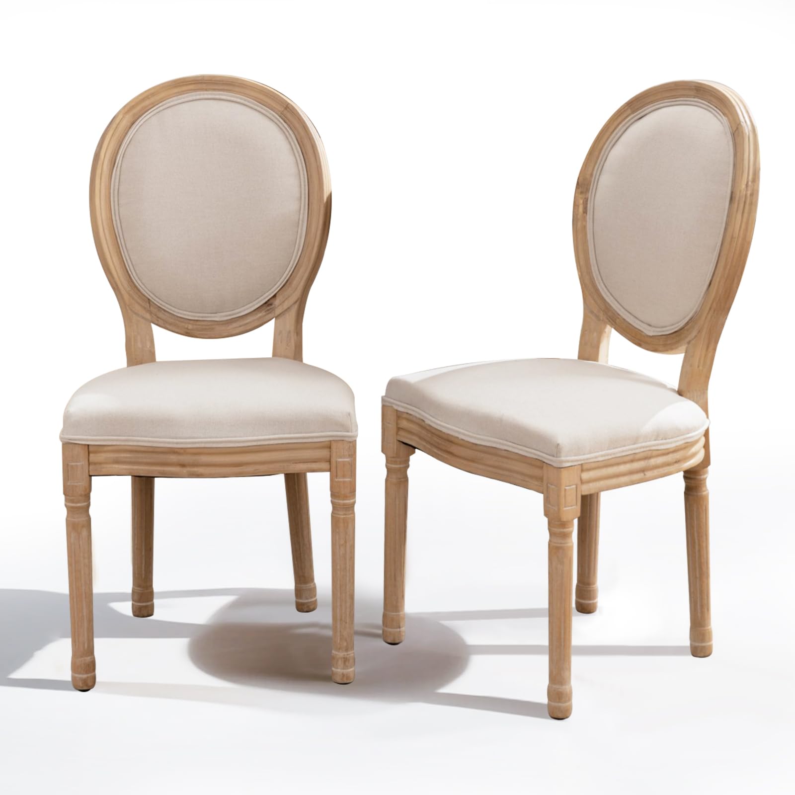 SoarFlash Set of 2 French Country Dining Chairs with Round Back & Wood Legs - Farmhouse Kitchen Chairs for Dining Room, Bedroom, Office - Beige Upholstered Seating for Home Decor & Entertaining