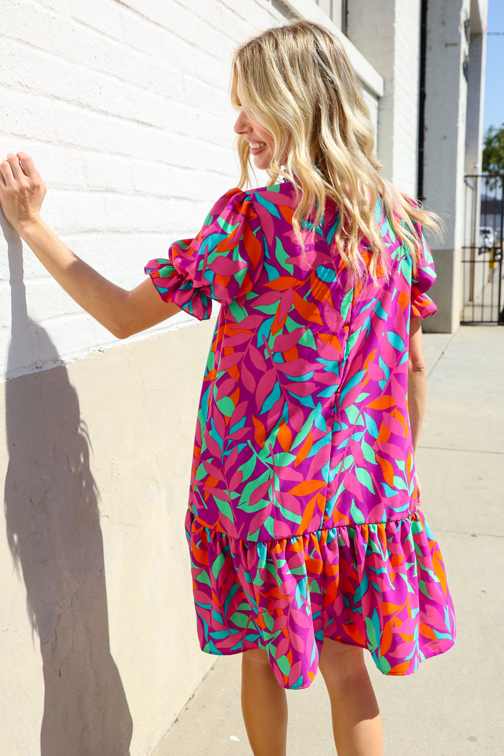 Fuchsia Tropical Leaf Print Woven Ruffle Hem Dress with Pockets - Women's Summer Beach Dress for Vacation, Party & Casual Wear