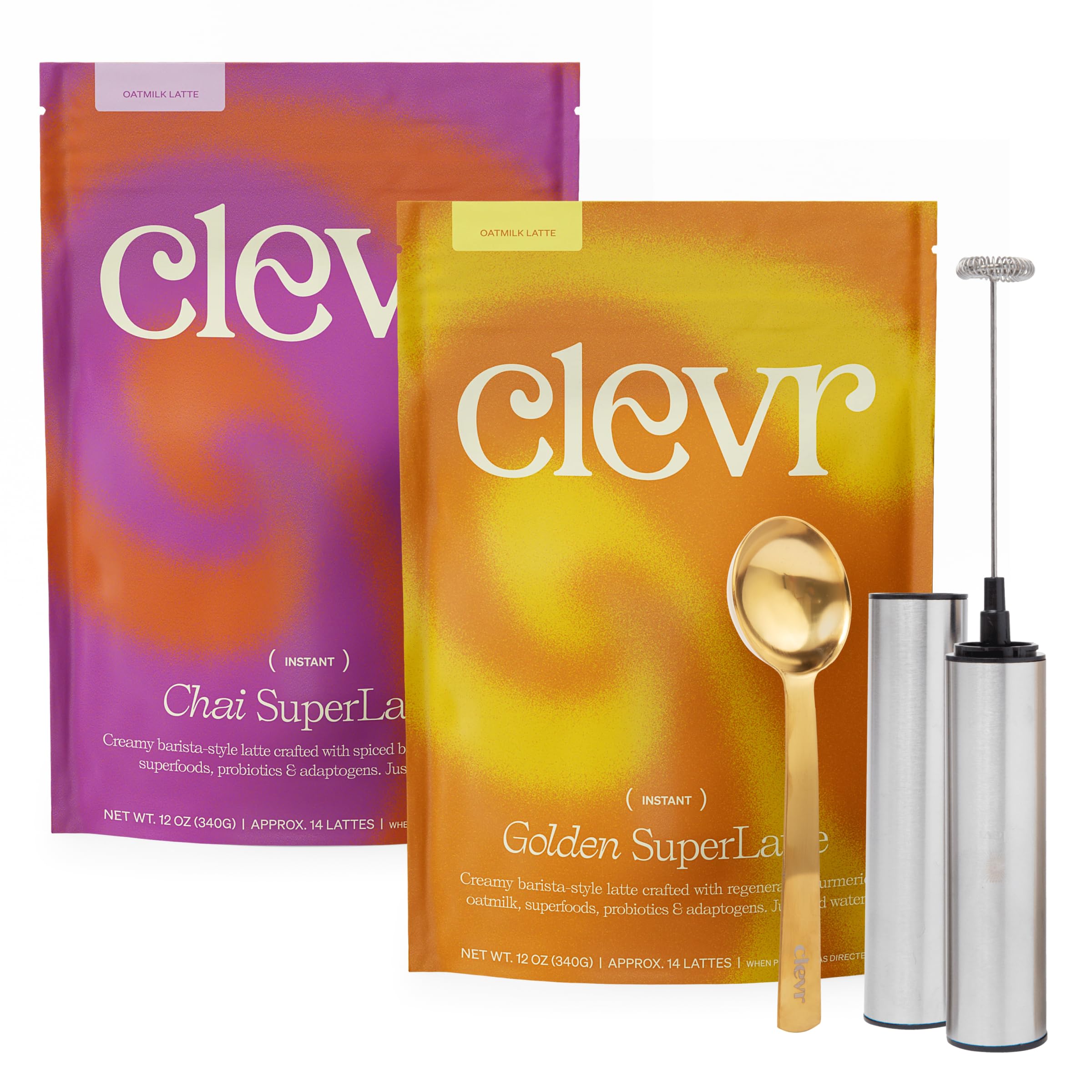 Clevr Blends Starter Kit (2-Pack) - Chai Tea & Golden Turmeric SuperLatte Instant Mix with Oat Milk, Coconut Creamer, Lion’s Mane, Reishi Mushrooms, Organic Spices & Probiotics | Includes Frother | Perfect for Home, Office & Travel | Dairy-Free, Vegan-Friendly Energy Boost