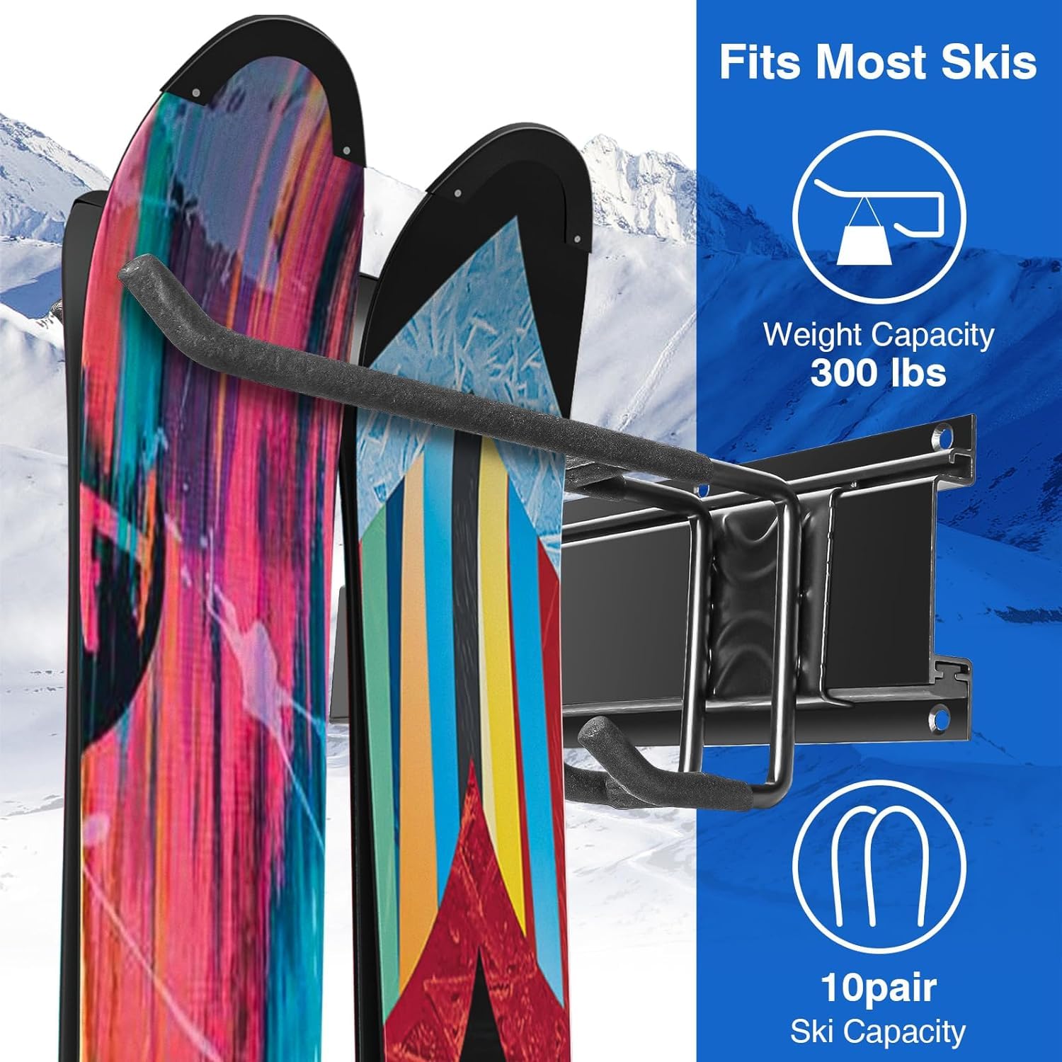 DxJ Heavy Duty Snowboard & Ski Wall Mount Rack - 10 Pair Garage Storage Organizer, 300lbs Capacity, Q915 Steel, Black - Perfect for Home, Garage, and Sports Equipment Organization