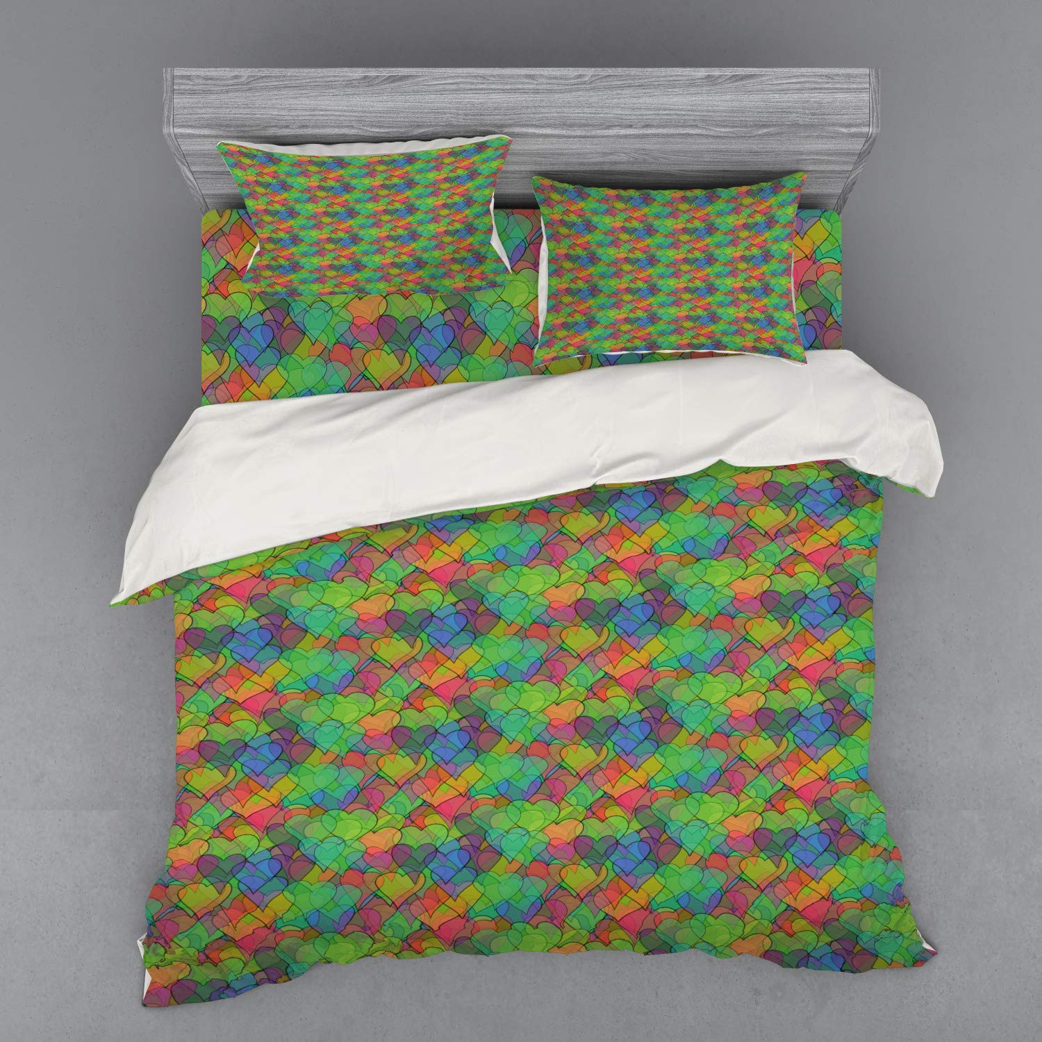 Ambesonne Psychedelic Heart Duvet Cover Set - King Size 4-Piece Bedding with Shams & Fitted Sheet, Colorful Valentine's Day Romantic Love Doodle Design | Perfect for Teen Bedrooms, Couples Gift & Boho Chic Home Decor