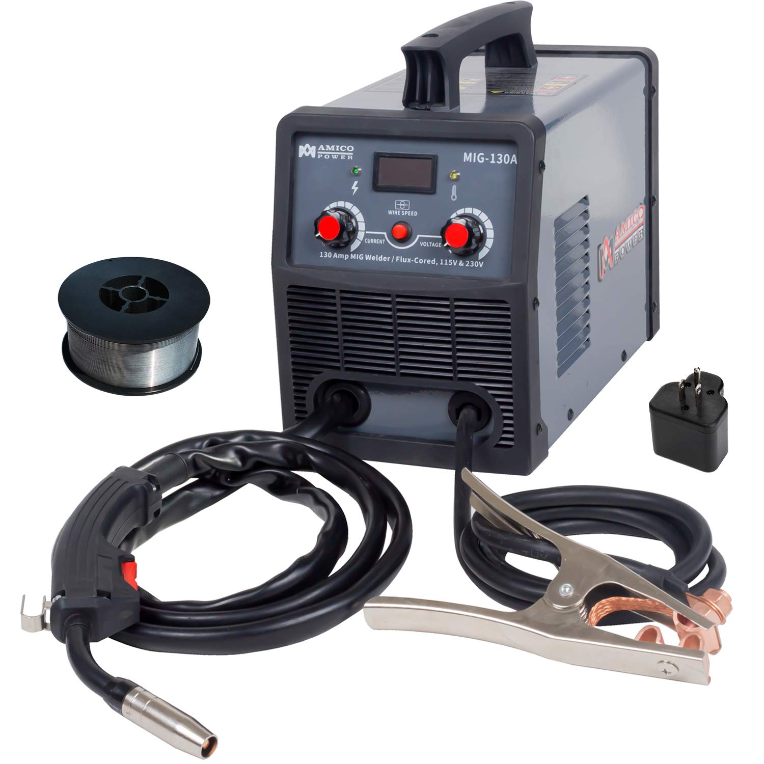 Amico MIG-130A 130 Amp MIG Flux Core Wire Welder - Dual Voltage 115V/230V IGBT Inverter Welding Machine for Home DIY, Auto Repair & Metal Fabrication Projects