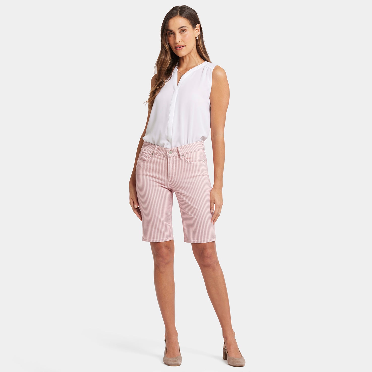 Briella 11 Inch Denim Shorts for Women - Pink Frost Stripe High Waisted Summer Shorts | Perfect for Beach, Vacation & Casual Outfits