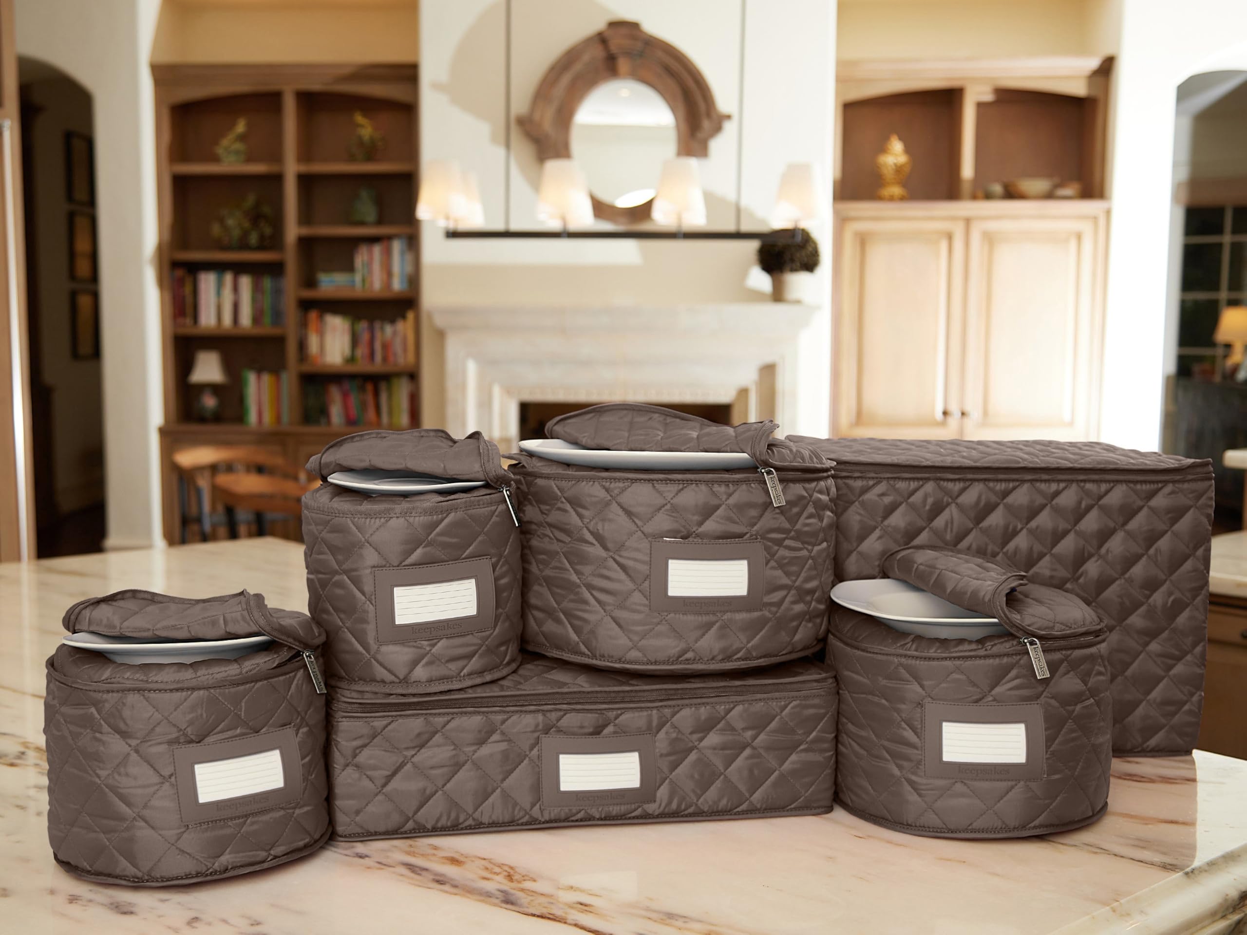Covermates Keepsakes Dish Storage Set - Padded Protection with ID Window, Stain Resistant & Machine Washable - China Storage Organizer in Bronze - Perfect for Kitchen Organization, Holiday China Storage, and Dining Room Cabinet Protection