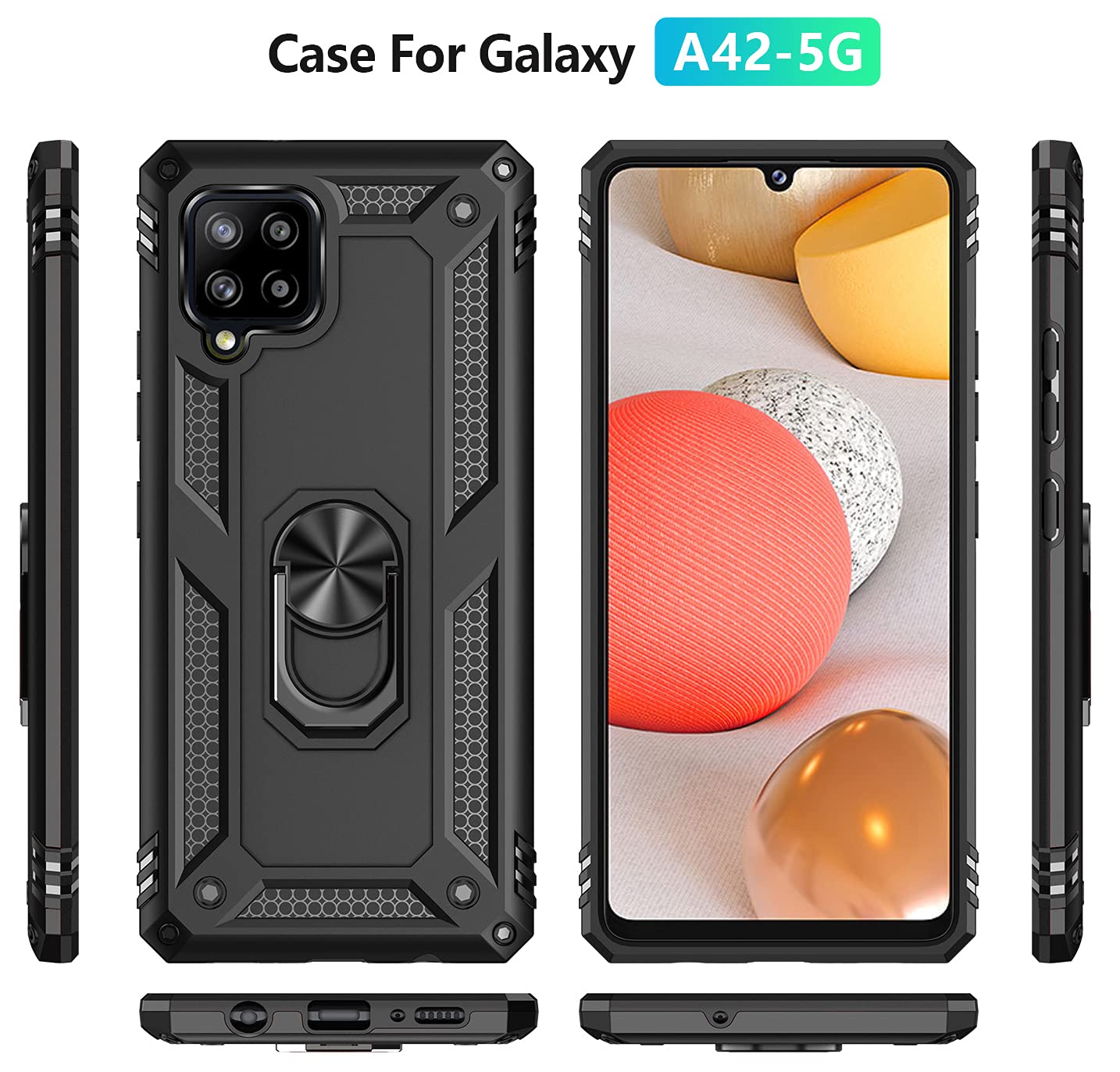 Nakedcellphone Bandit Series Samsung Galaxy A42 5G Case [Black] - Flexible TPU Anti-Shock Phone Cover with Finger Grip, Viewing Stand & Metal Mounting Plate for Daily Use, Travel, and Outdoor Activities