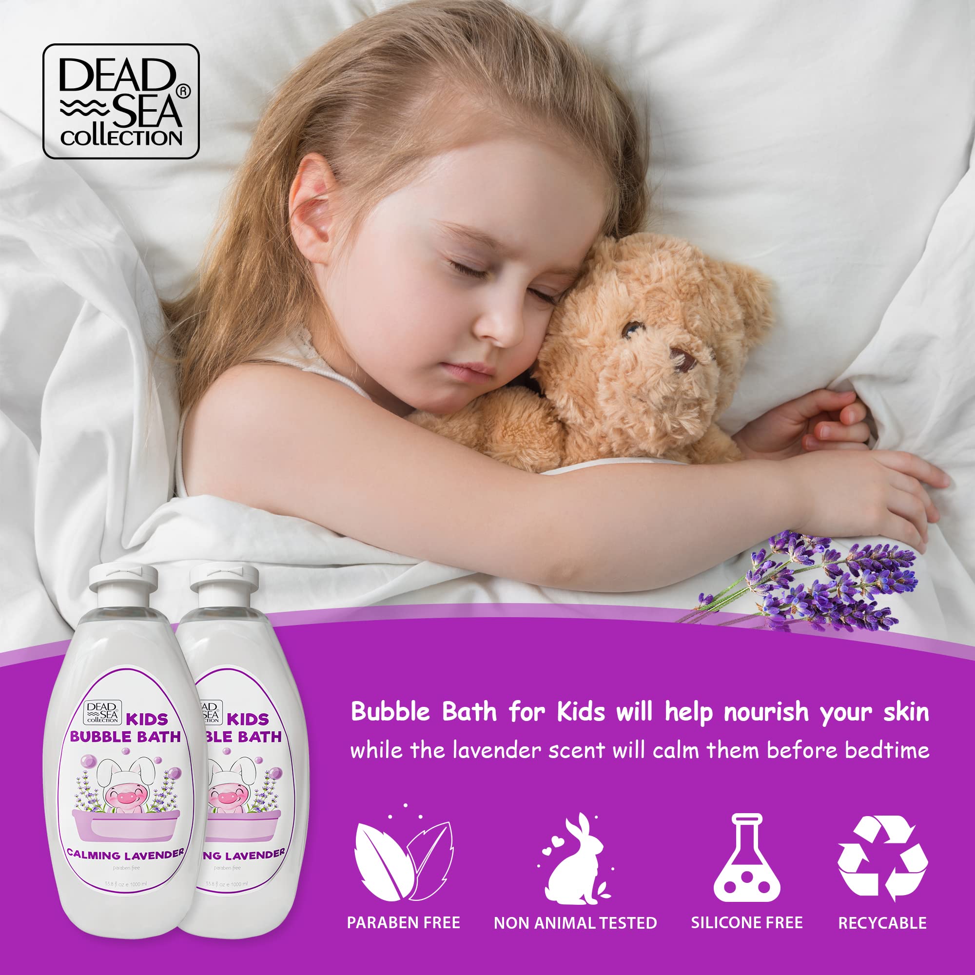 Dead Sea Lavender Bubble Bath for Kids - Hydrating & Cleansing Liquid Bath Bubbles with Lavender Oil & Pure Dead Sea Minerals - 2 Pack Large Bottles (67.6 fl.oz) - Perfect for Relaxing Bedtime & Sensitive Skin Care