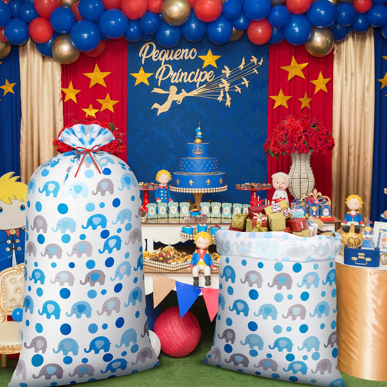 2 Pcs 70 Inches Jumbo Baby Shower Gift Bags - Large Oversized Plastic Party Favors with Ropes for Parents - Blue Elephant Polka Dot Design - Perfect for Baby Showers, Birthday Parties & Special Events