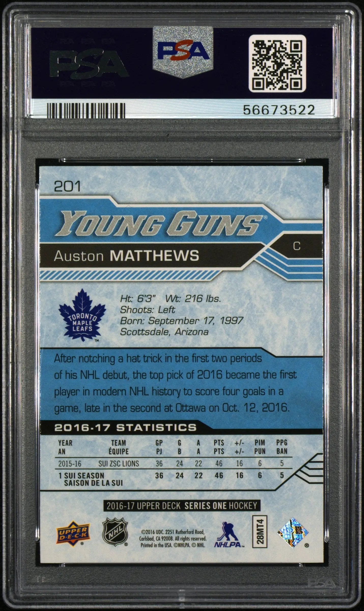2016-17 Upper Deck Series One Auston Matthews Young Guns Rookie Card PSA 10 Gem Mint - Perfect for Hockey Collectors and Sports Memorabilia Enthusiasts