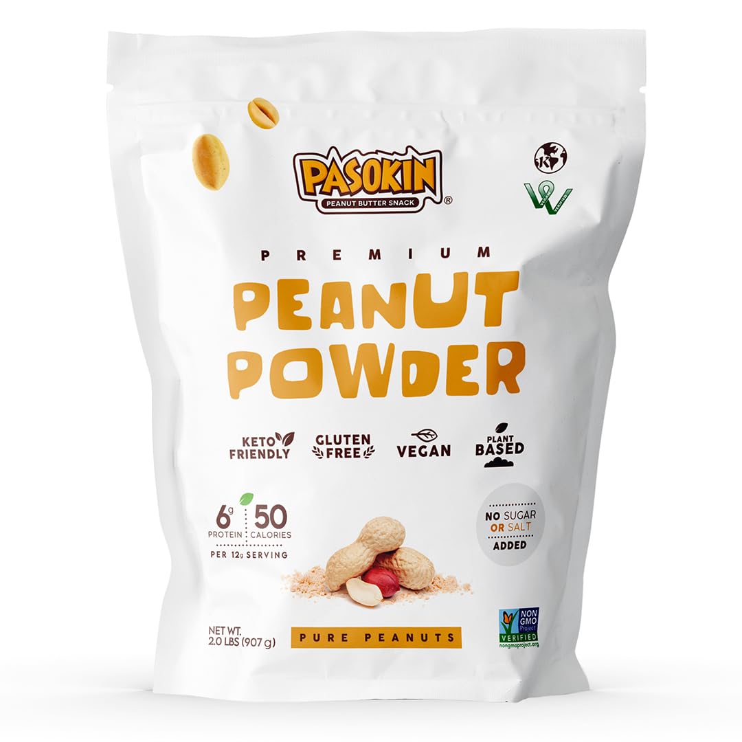 Pasokin 100% All-Natural Powdered Peanut Butter - Gluten Free, Non-GMO, Keto-Friendly Peanut Powder from Roasted Cold-Pressed High Oleic Peanuts - No Sugar Added, Plant-Based Protein (2 LB Bulk) - Perfect for Smoothies, Baking & Low-Carb Diet