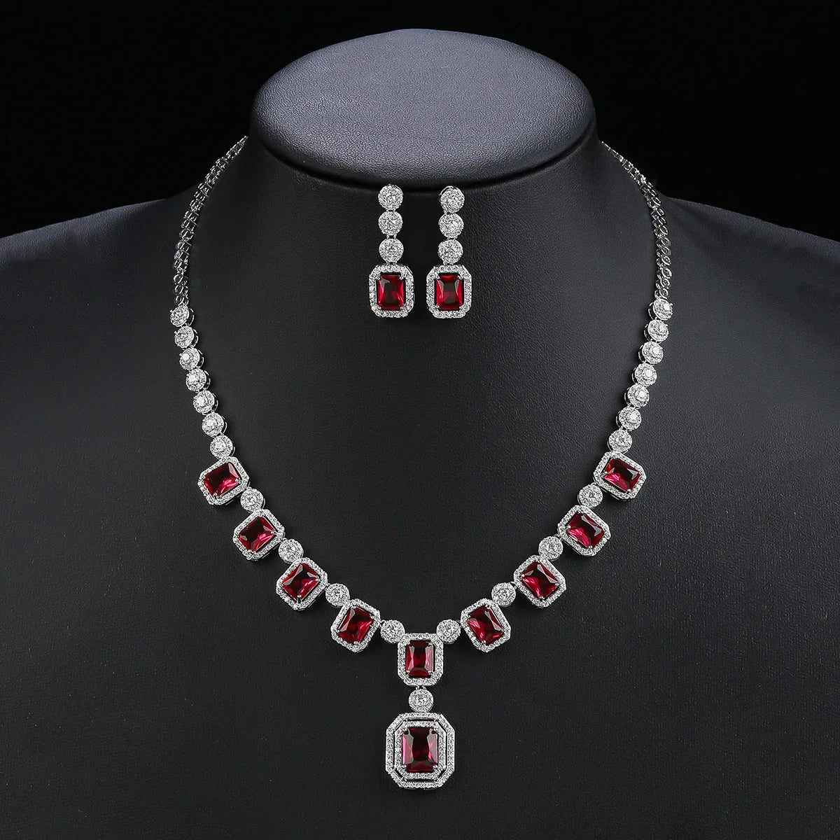 Elegant Cubic Zirconia Bridal Jewelry Set - Silver Tone Necklace & Earrings with Mixed Color Stones (Green/Red) | Perfect for Engagement Parties, Weddings & Special Occasions