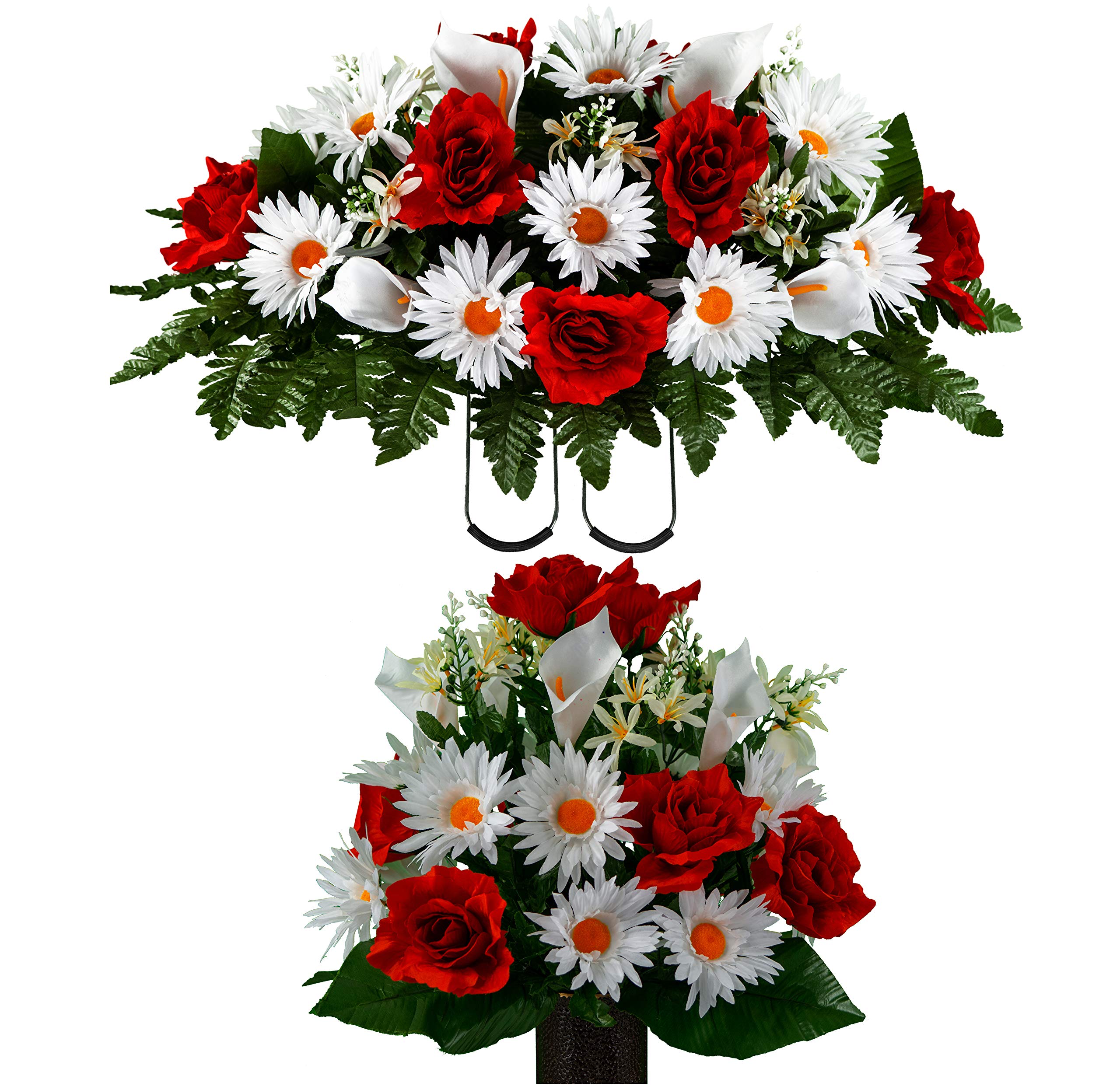 Realistic Sympathy Silks Artificial Cemetery Flowers - Outdoor Grave Decorations - Non-Bleed Colors, Easy Fit White Calla Lily & Daisy with Red Rose Bouquet - Perfect for Headstones, Memorials & Funeral Arrangements