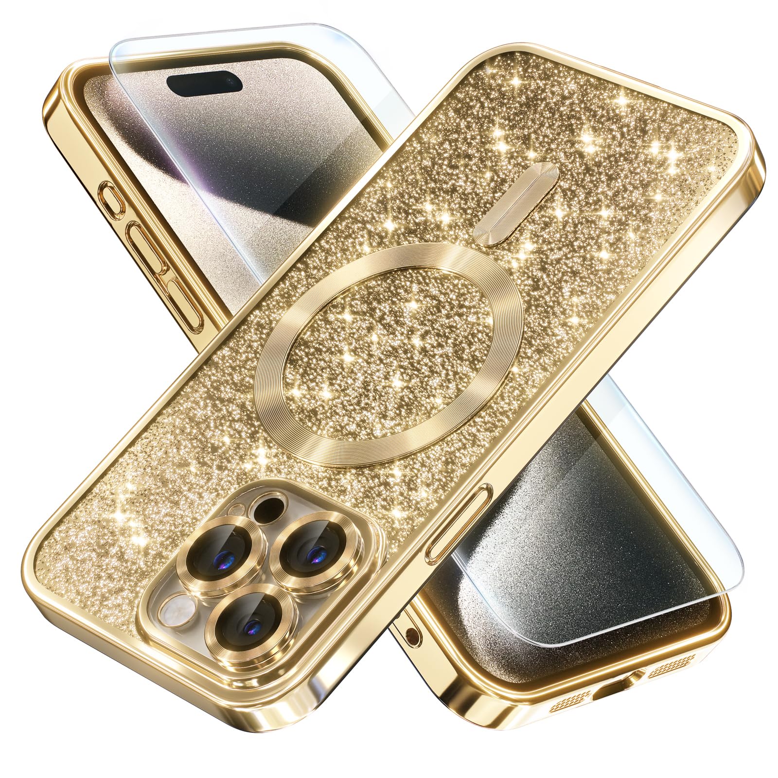 Misea Magnetic iPhone 15 Pro Max Case with MagSafe Compatibility | Military-Grade Drop Protection & Full Camera Lens Cover | Glitter Soft Phone Case for Women & Girls (Gold) | Perfect for Everyday Use, Travel & Outdoor Activities
