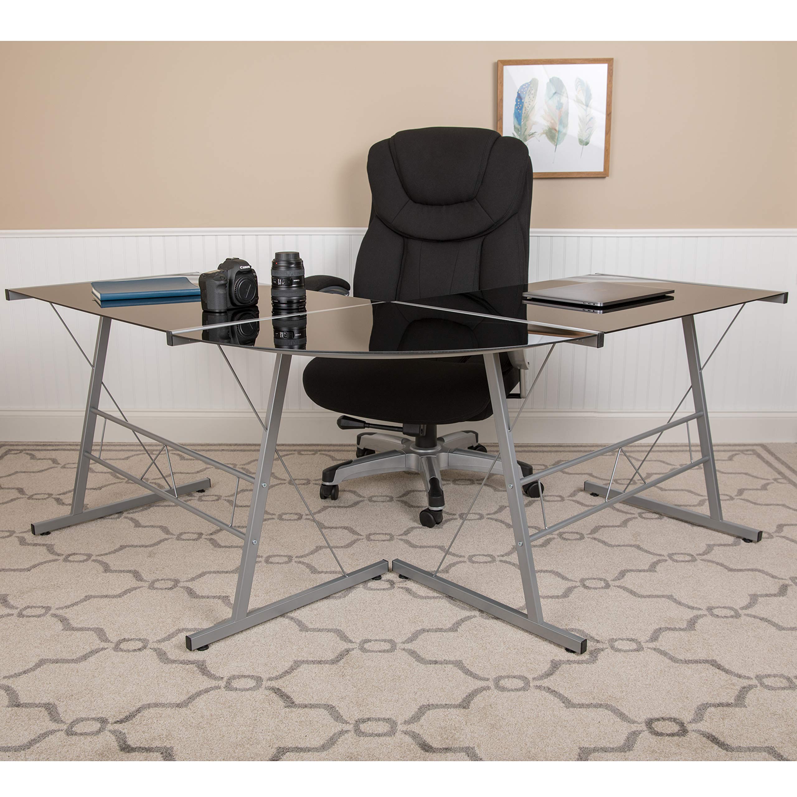 EMMA + OLIVER Black L-Shaped Corner Glass Computer Desk for Gaming & Home Office - Perfect for Small Spaces, Workstations & Modern Home Decor