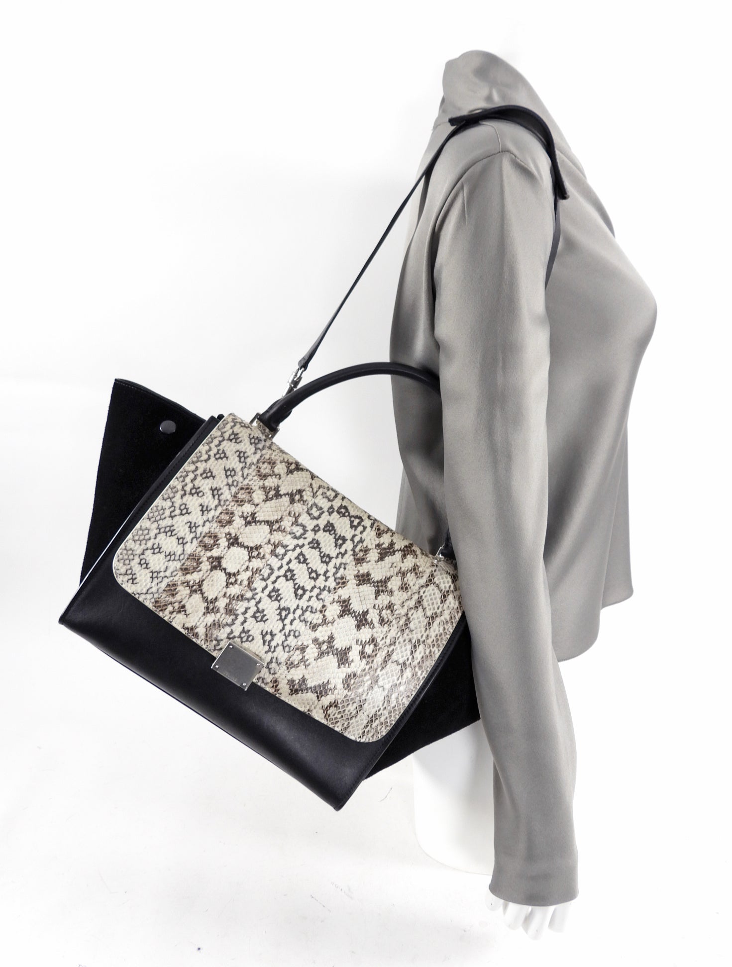 Celine Black Leather and Suede Exotic Trapeze Handbag for Women | Luxury Designer Crossbody Bag for Evening Parties, Date Night & Special Occasions