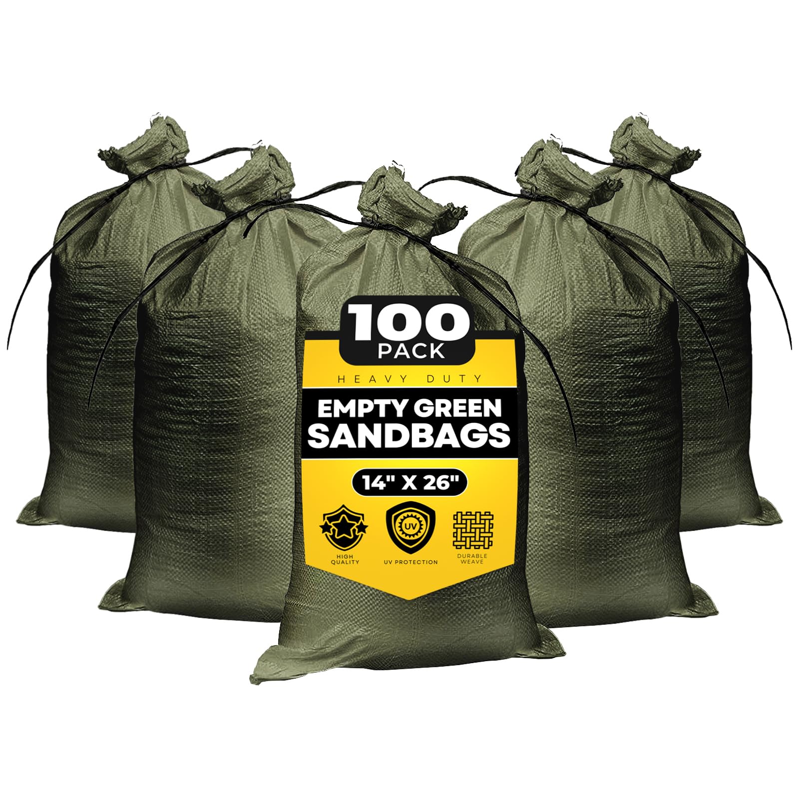 100-Pack Heavy Duty Military Green Sandbags with Ties - 14