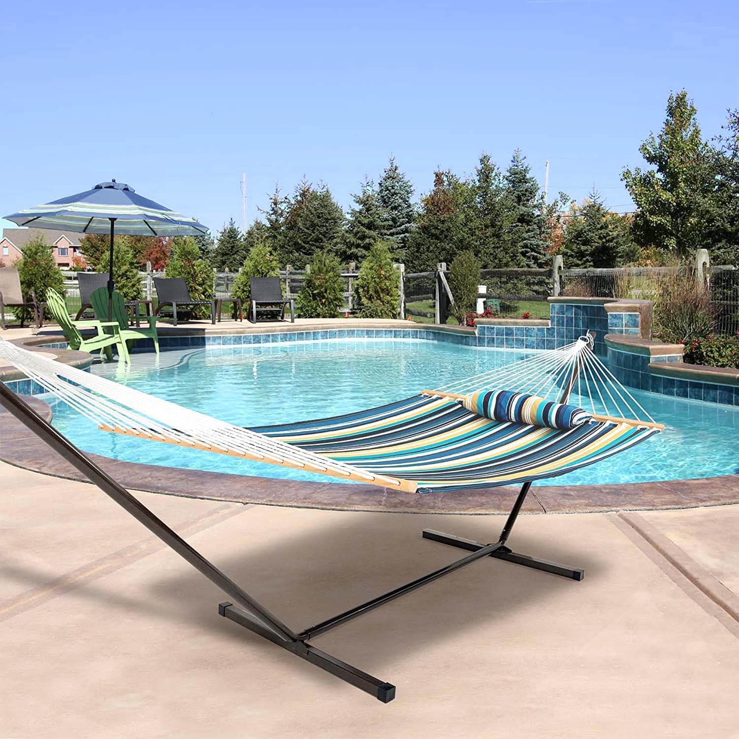 Lazy Daze Quilted Fabric Double Hammock with 12-Foot Stand - 2-Person Outdoor Hammock with Pillow for Patio, Garden, Backyard & Beach - 450LB Capacity - Perfect for Relaxing, Lounging & Napping in Your Outdoor Space