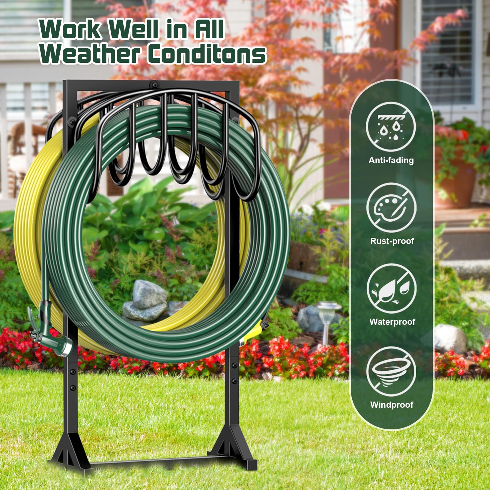 Heavy Duty Freestanding Garden Hose Holder with 4 Spikes - Double-Sided Metal Hose Reel Stand for 150ft Hose - Outdoor Yard Lawn Storage Rack for Watering, Gardening & Car Washing