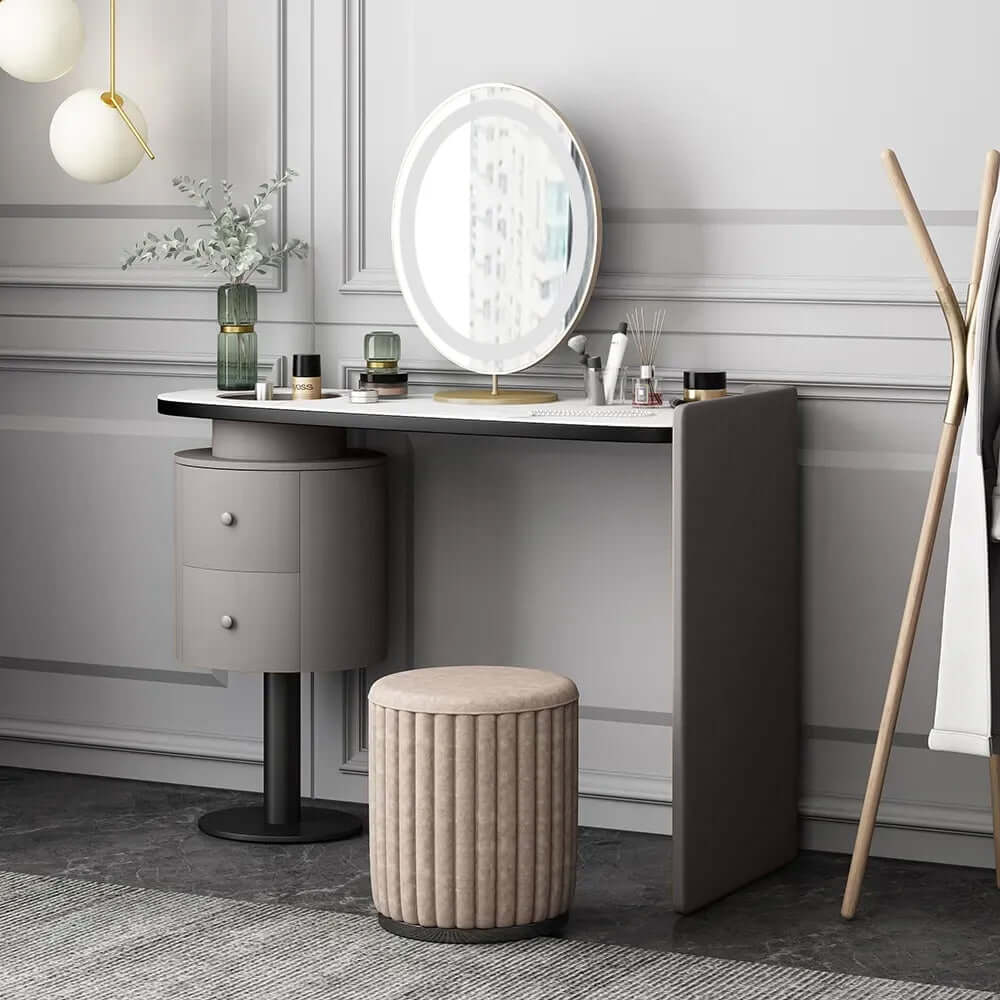 Elegant Minimalist Makeup Vanity Set with Stone Top - Dressing Table & Standing Mirror Included | Perfect for Bedroom, Bathroom & Beauty Salon Organization