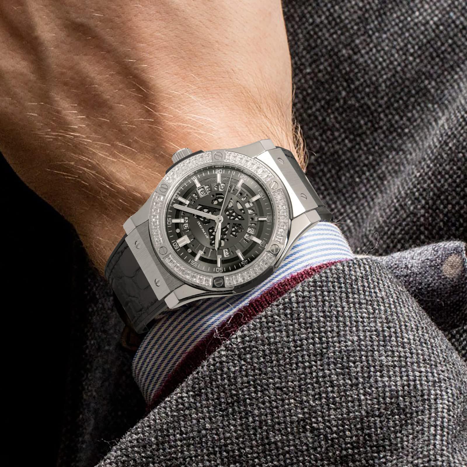 Men's Automatic Skeleton Tourbillon Watch - 24-Hour Analog Mechanical Watch with Black Leather Strap & Silver Case (6526) | Perfect for Business, Formal Events & Luxury Gift Giving