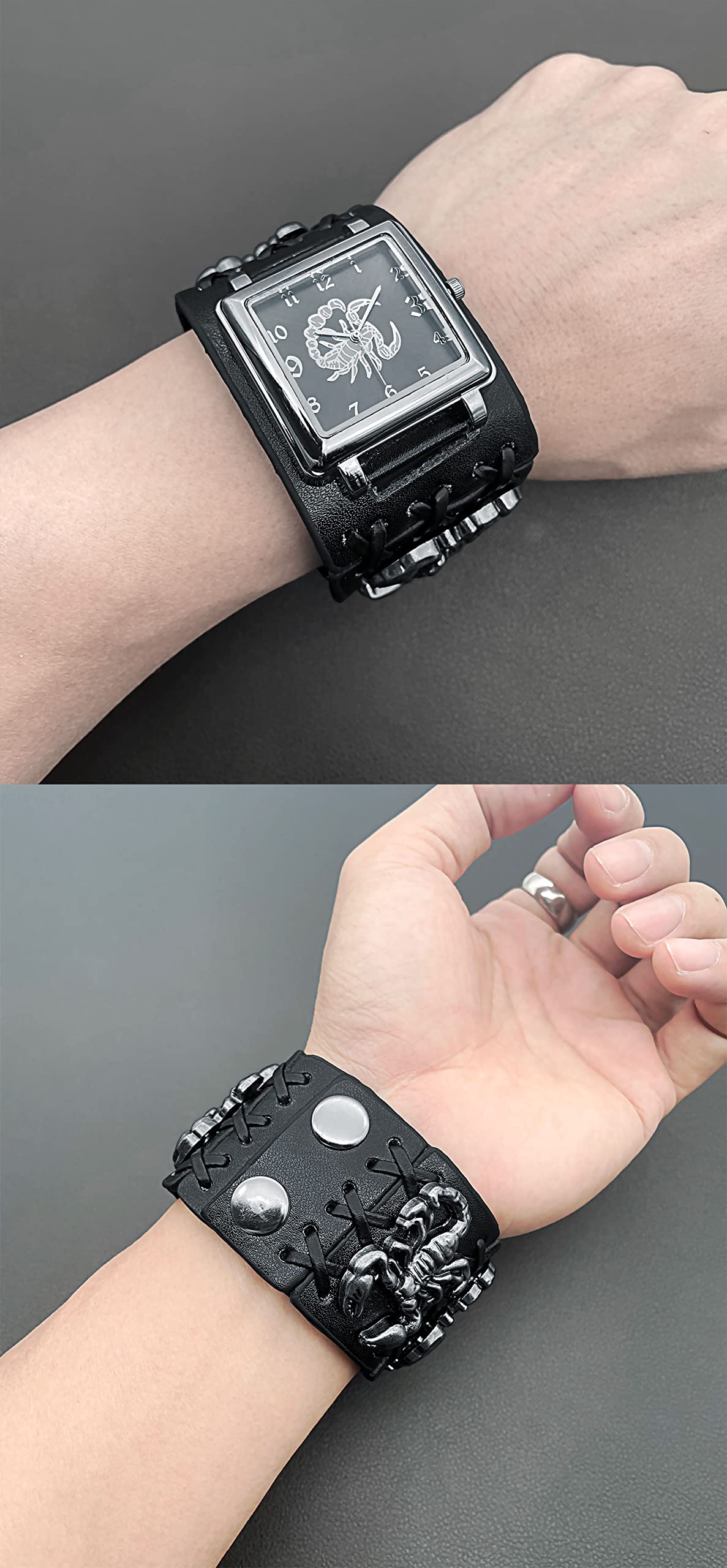 Scorpion Punk Men & Women Black Leather Cuff Band Watch - Wide Strap Rock Locomotive Fashion Timepiece for Casual Wear, Gothic Style, and Night Out Accessories