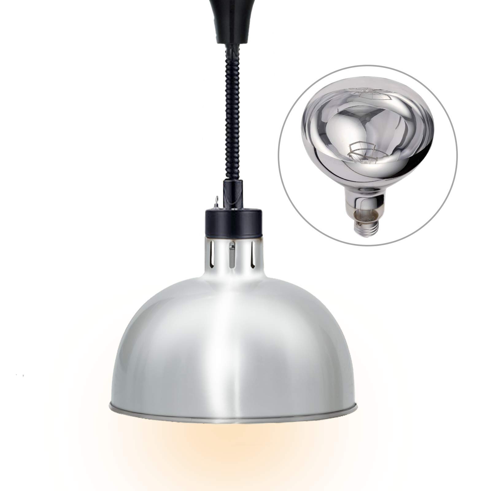 Commercial Food Warmer Lamp - 250W Retractable Heat Lamp with 60-180mm Adjustable Height, 290mm Diameter for Restaurants, Catering & Home Use (Silver, 110V) - Perfect for Buffets, Bakeries & Food Service Stations