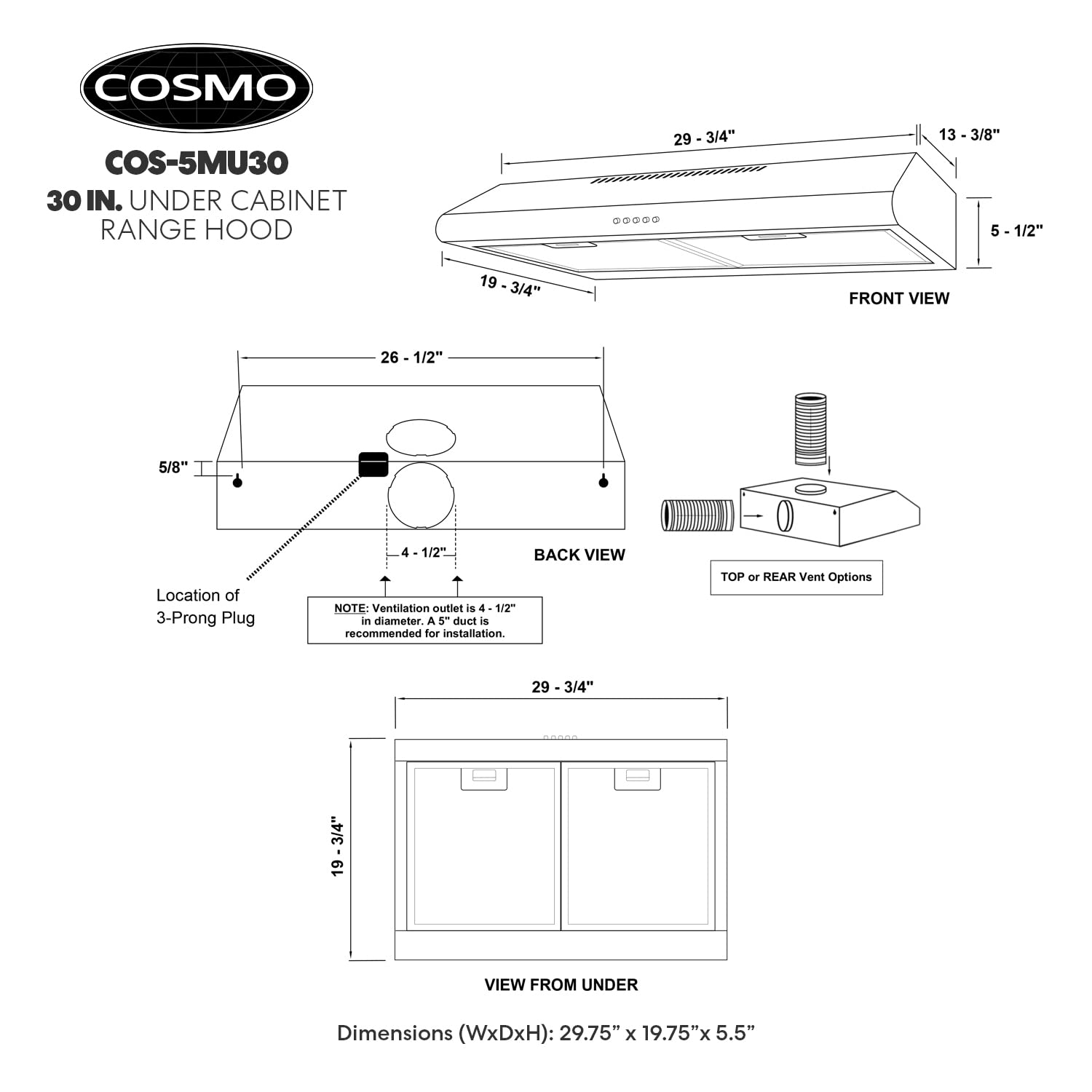 COSMO COS-5MU30 30-inch Stainless Steel Under Cabinet Range Hood with LED Lights & Reusable Filters - Delta Collection for Modern Kitchens | Perfect for Home Cooking & Ventilation