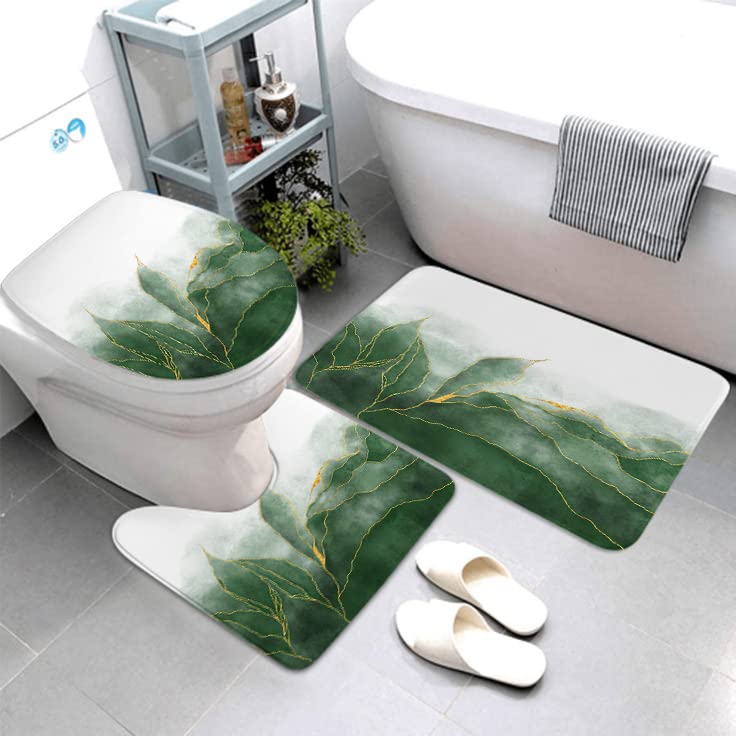 LOKMU 4-Piece Waterproof Shower Curtain Set with Non-Slip Bath Mat, Toilet Lid Cover & 12 Hooks - Green Paint & Gold Veins Design, 72x72 Inches - Perfect for Bathroom Decor & Spa-Like Shower Experience
