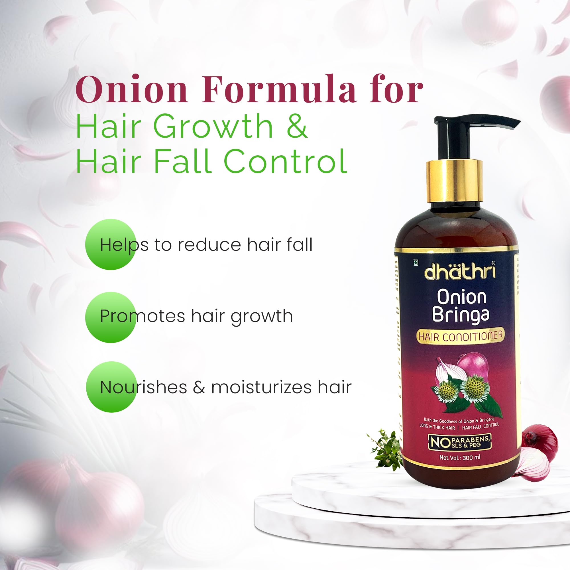 Dhathri Onion Bringa Floral Hair Conditioner for Strong & Healthy Hair – Promotes Hair Growth & Reduces Hair Fall with Onion & Bringa Extracts | Thick, Shiny, Frizz-Free Hair Treatment | 300ml (1 Count) | Ideal for Daily Hair Care & Damaged Hair Repair